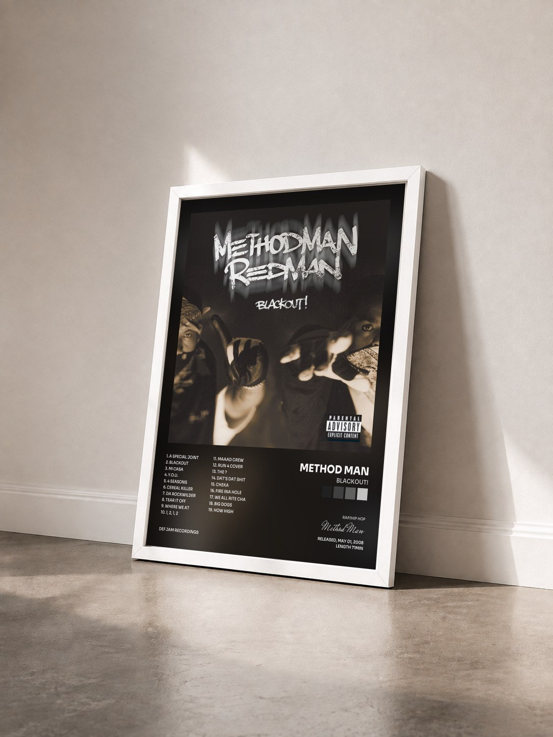 #blanc Tableau de l'album Blackout! de Method Man vu de trois quarts, cadre blanc