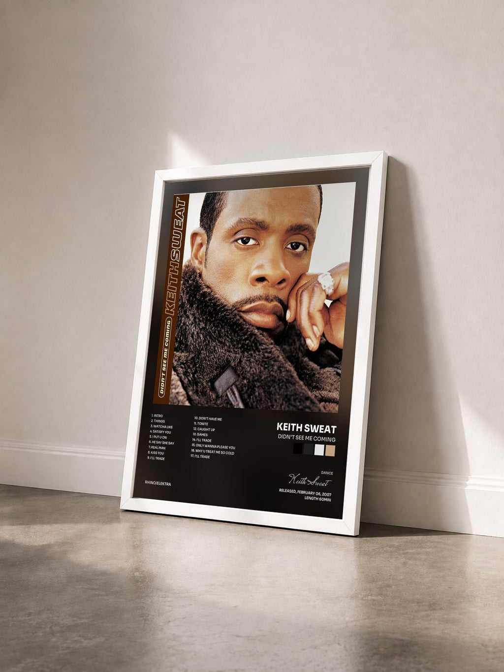 #blanc Didn't See Me Coming di Keith Sweat in stampa incorniciata vista di tre quarti, cornice bianca