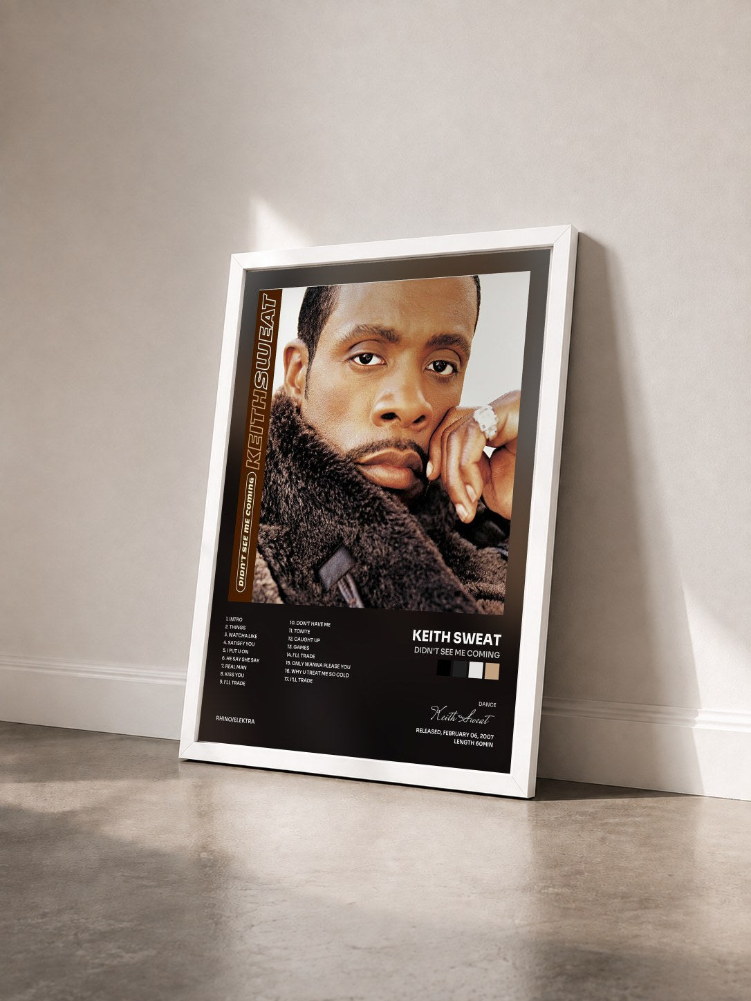 #blanc Tableau de l'album Didn't See Me Coming de Keith Sweat vu de trois quarts, cadre blanc