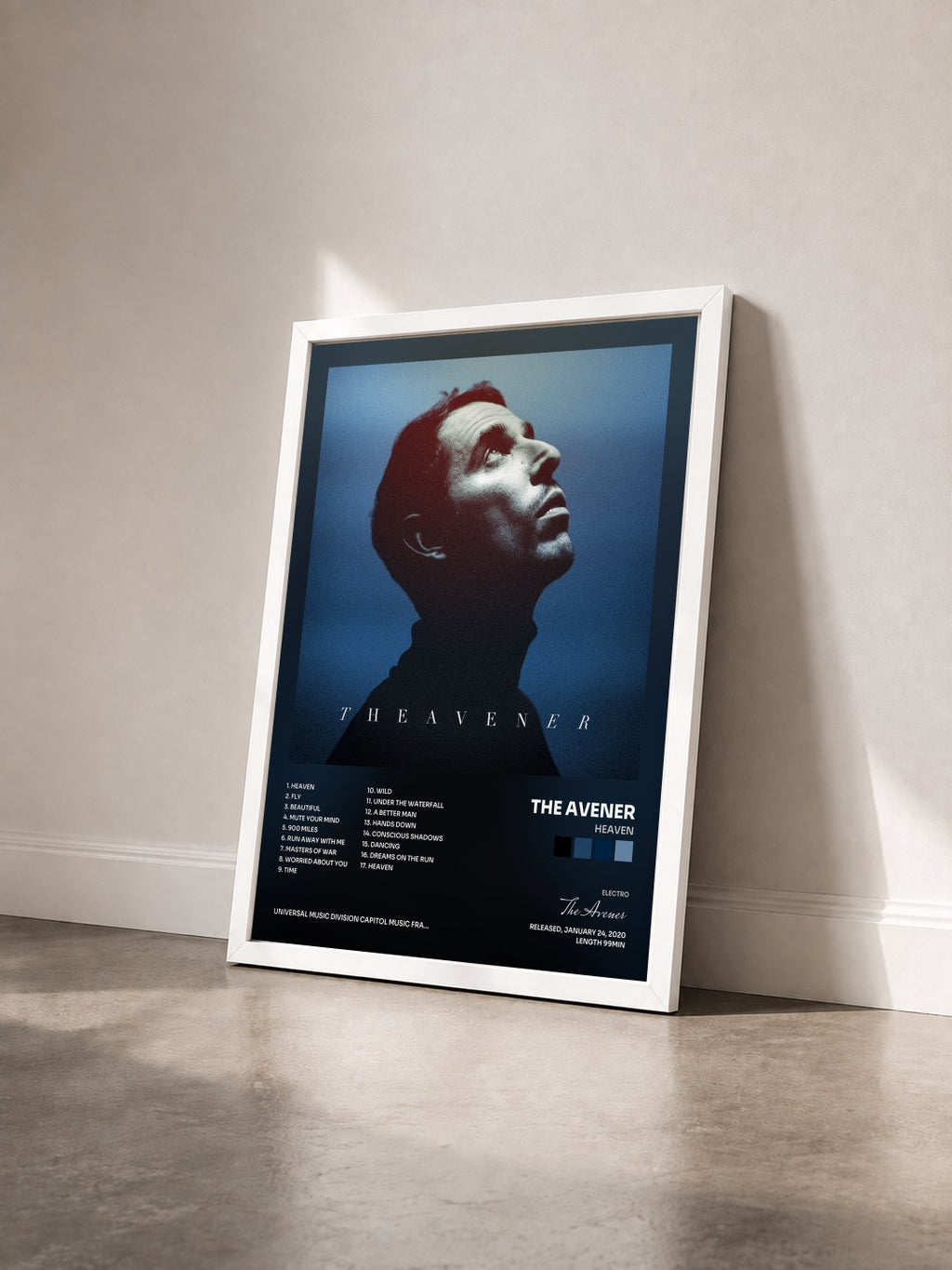 #blanc Tableau de l'album Heaven de The Avener vu de trois quarts, cadre blanc