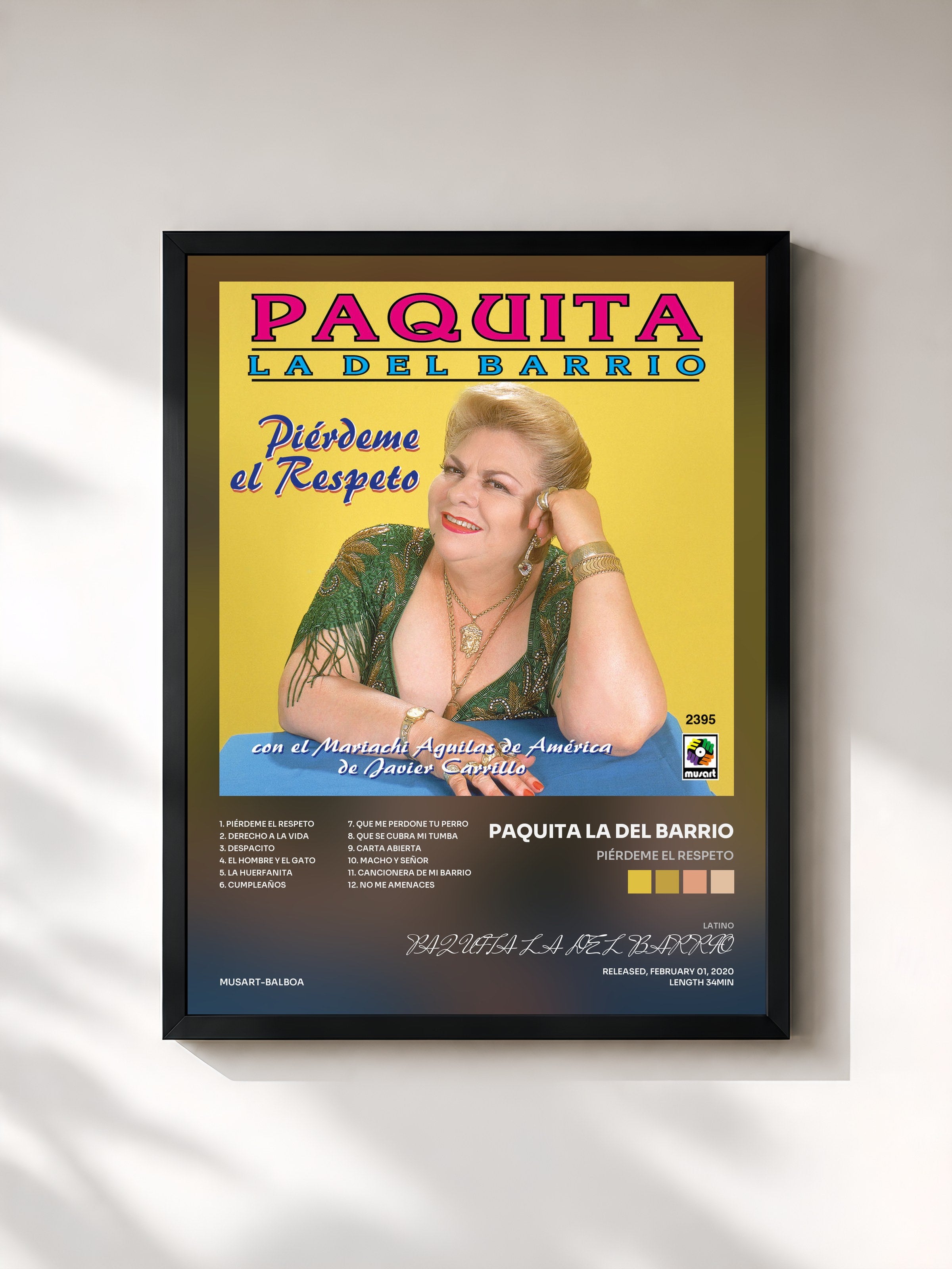 #noir Tableau de l'album Piérdeme el Respeto de PAQUITA LA DEL BARRIO, cadre noir, imprimé et encadré en France