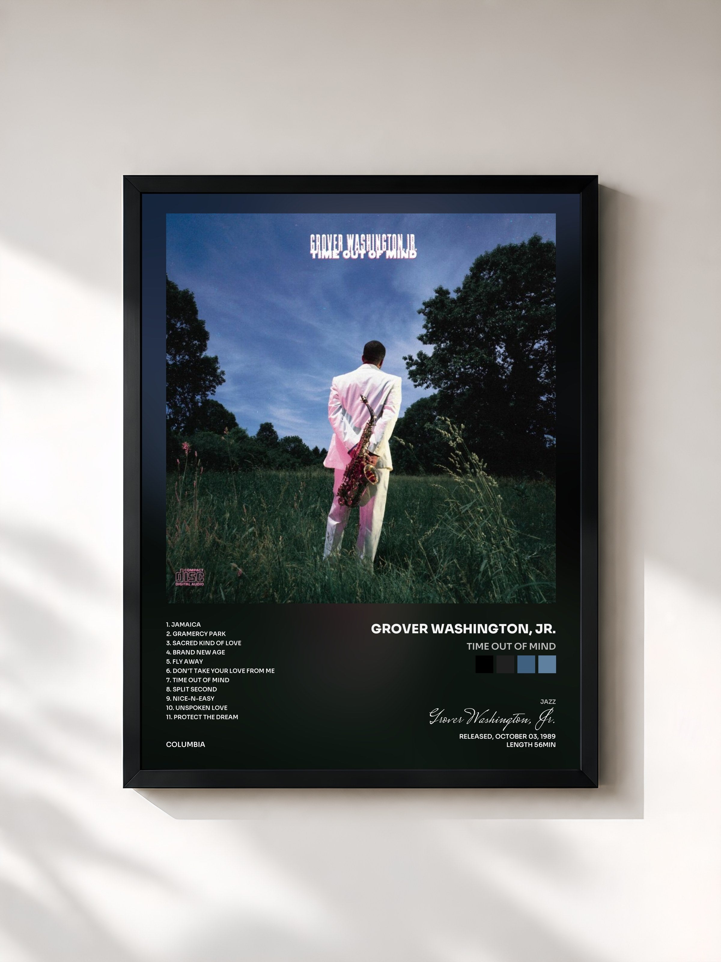 #noir Tableau de l'album Time Out Of Mind de Grover Washington, Jr., cadre noir, imprimé et encadré en France