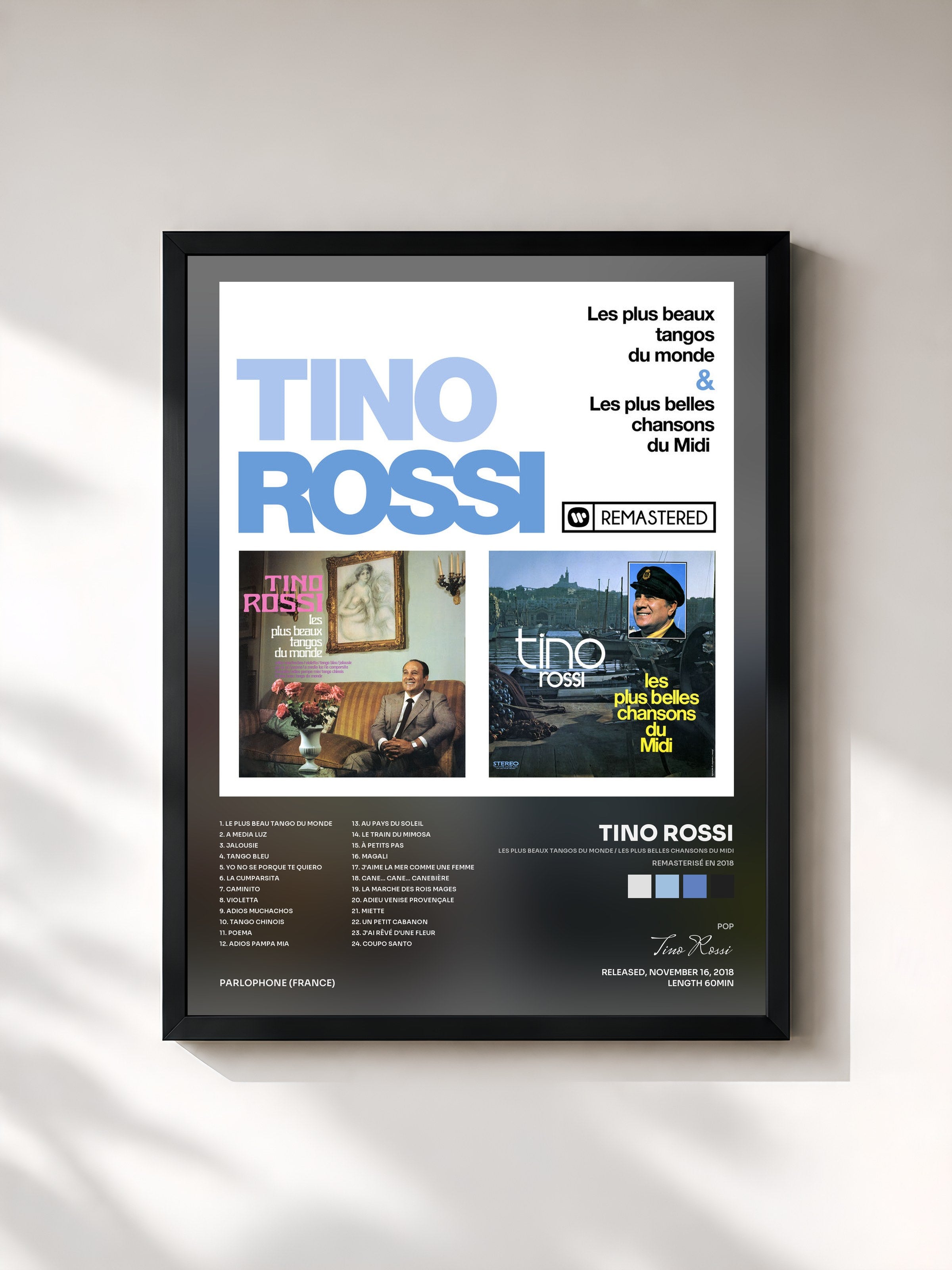 #noir Tableau de l'album Les plus beaux tangos du monde / Les plus belles chansons du Midi (Remasterisé en 2018) de Tino Rossi, cadre noir, imprimé et encadré en France