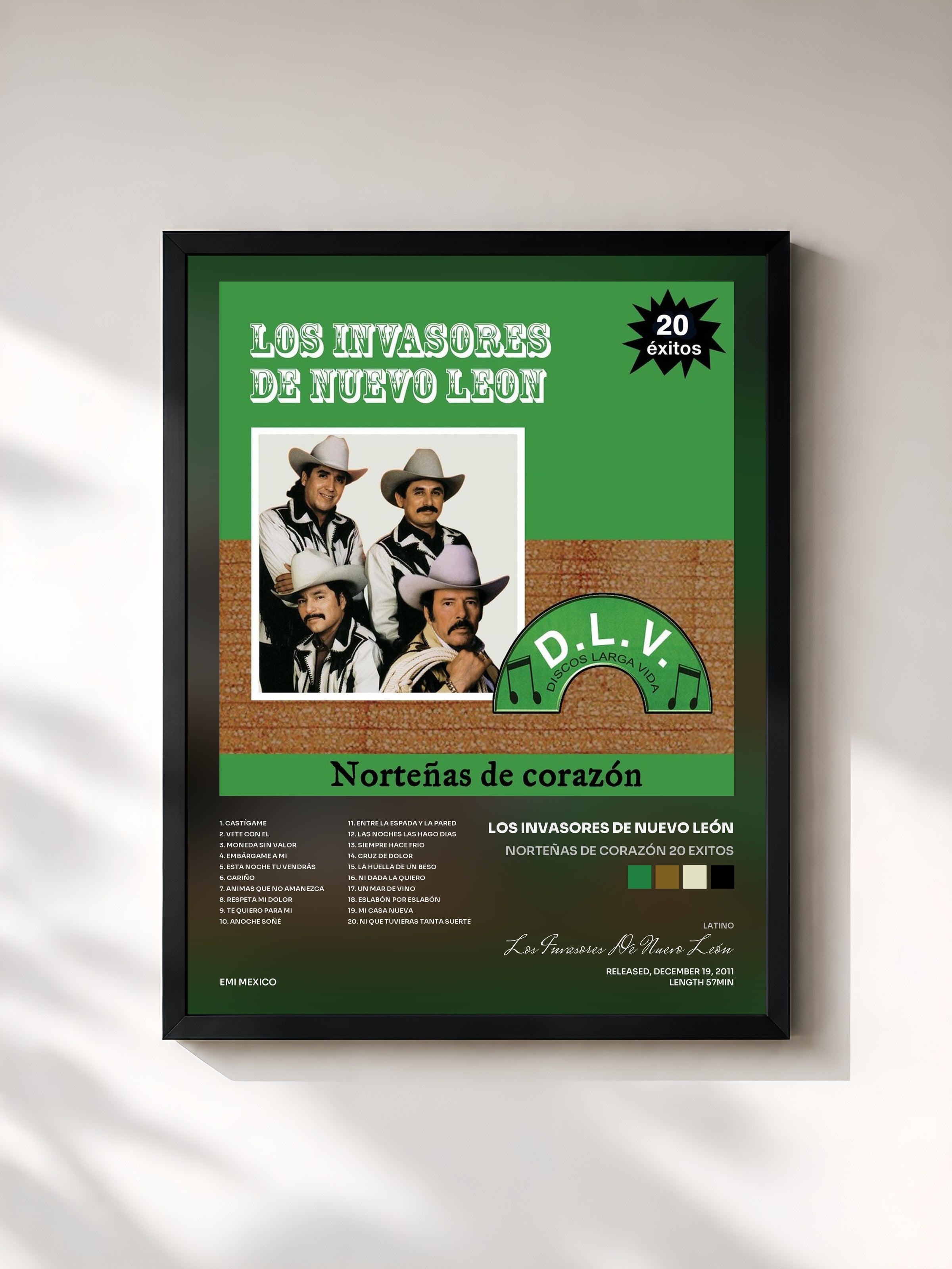 #noir Tableau de l'album Norteñas De Corazón 20 Exitos de Los Invasores De Nuevo León, cadre noir, imprimé et encadré en France