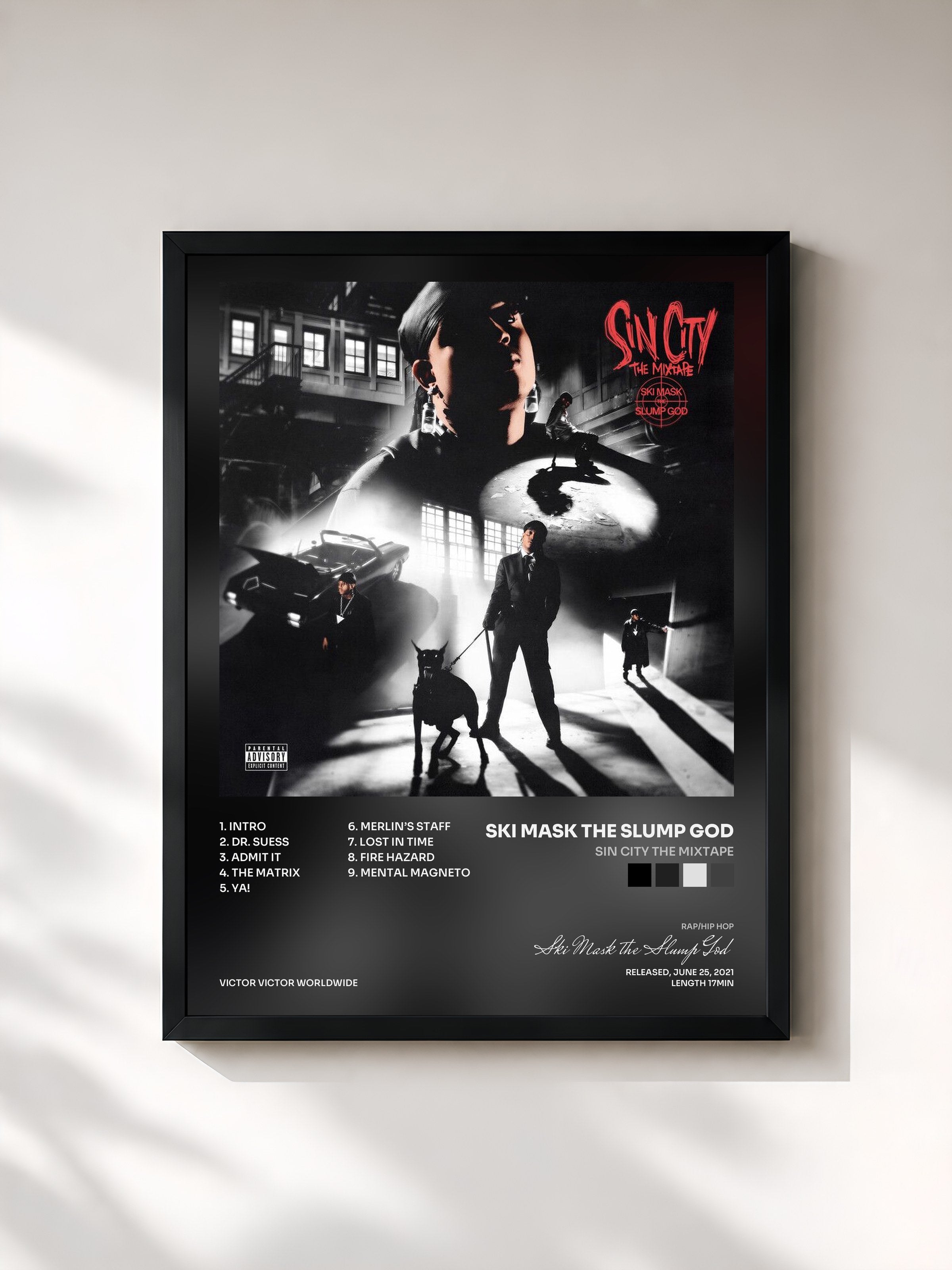 #noir Tableau de l'album Sin City The Mixtape de Ski Mask the Slump God, cadre noir, imprimé et encadré en France