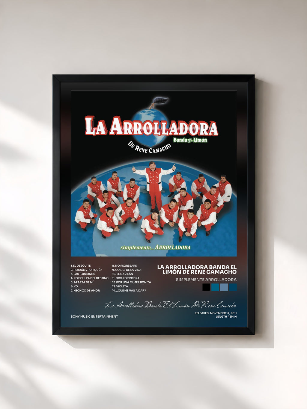 #noir Tableau de l'album Simplemente Arrolladora de La Arrolladora Banda El Limón De Rene Camacho, cadre noir, imprimé et encadré en France