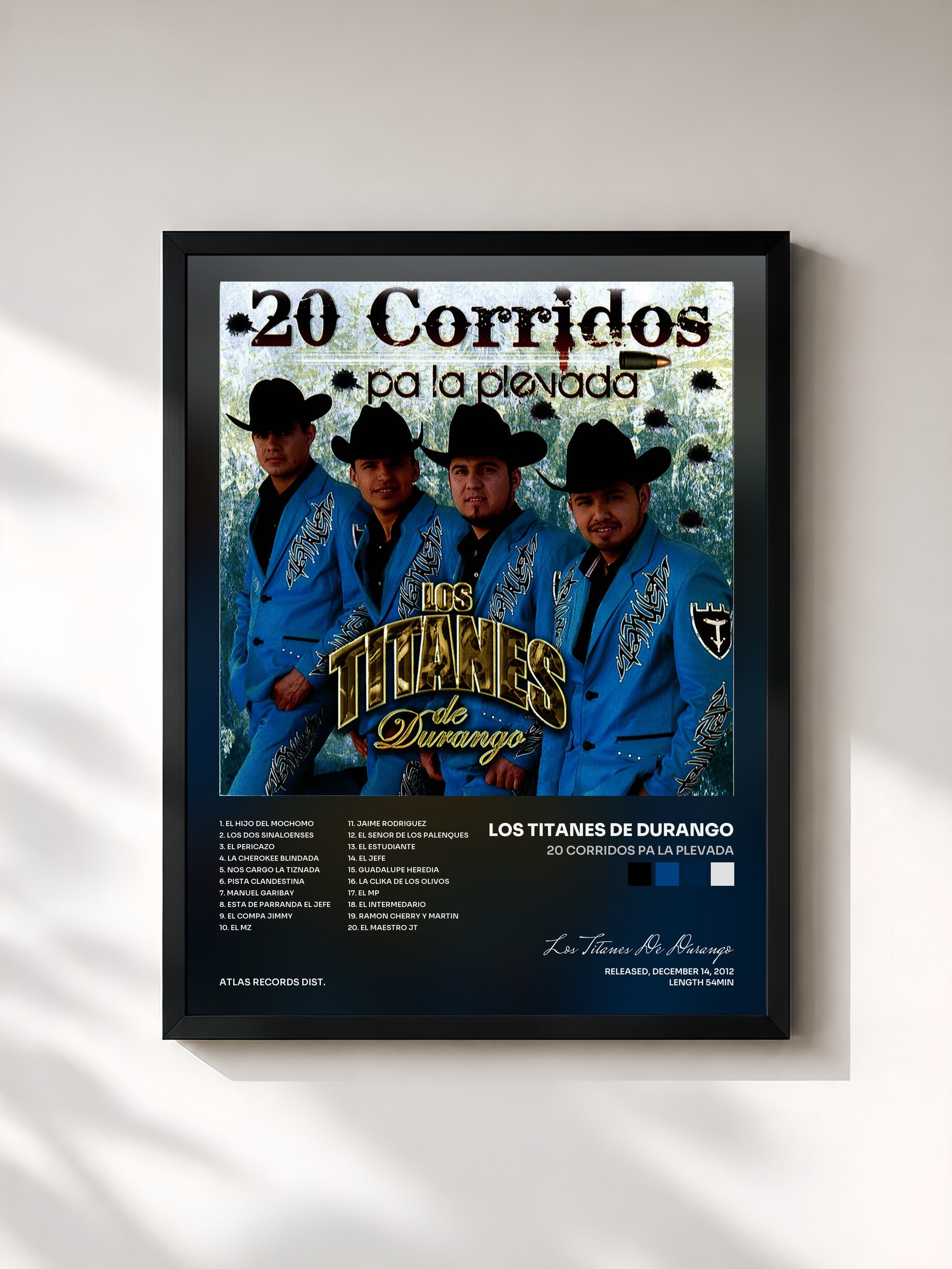 #noir Tableau de l'album 20 Corridos Pa La Plevada de Los Titanes De Durango, cadre noir, imprimé et encadré en France