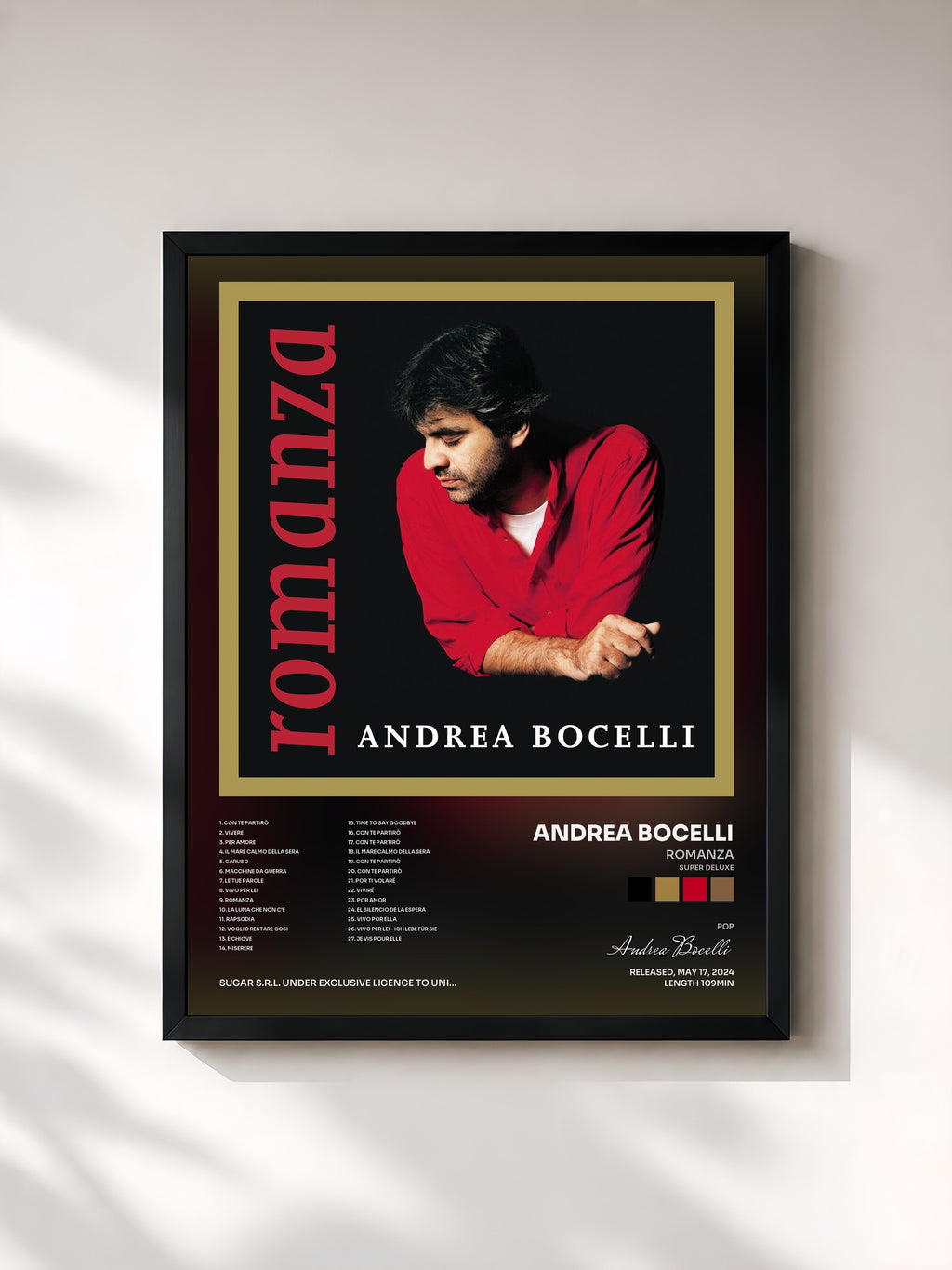 #noir Tableau de l'album Romanza (Super Deluxe) de Andrea Bocelli, cadre noir, imprimé et encadré en France