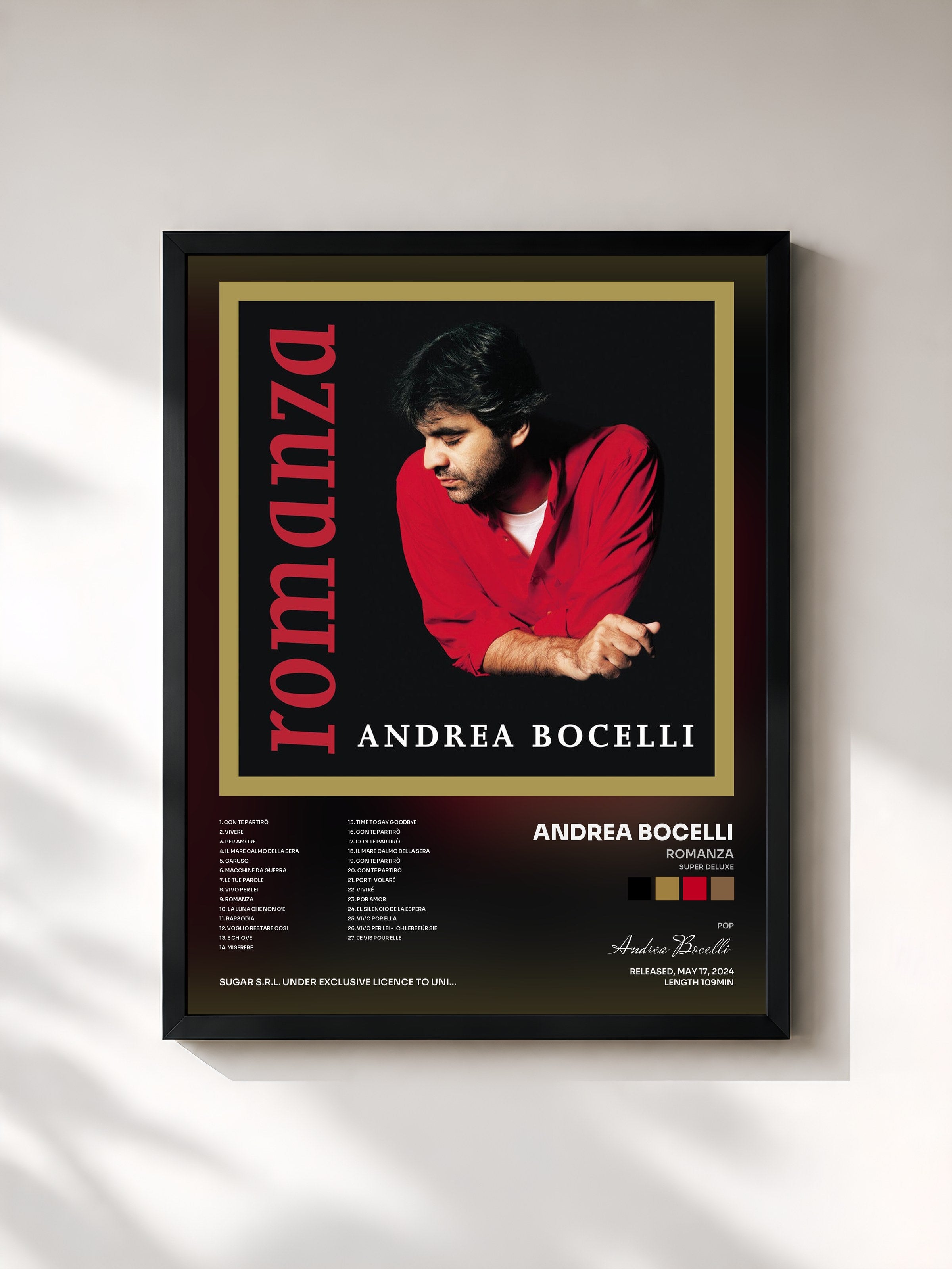#noir Tableau de l'album Romanza (Super Deluxe) de Andrea Bocelli, cadre noir, imprimé et encadré en France