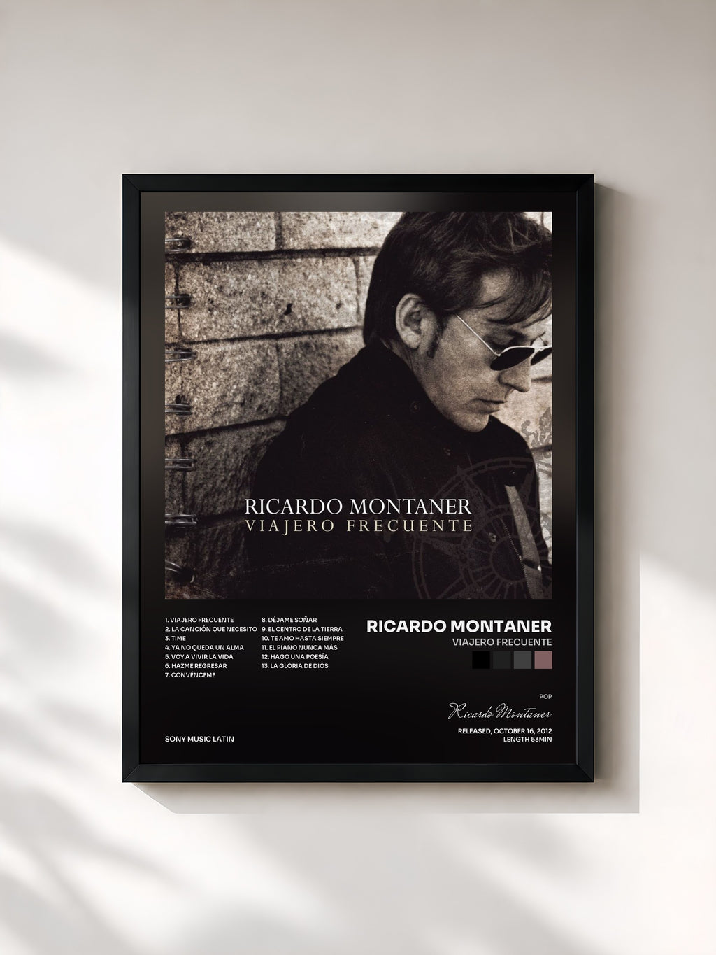 #noir Tableau de l'album Viajero Frecuente de Ricardo Montaner, cadre noir, imprimé et encadré en France