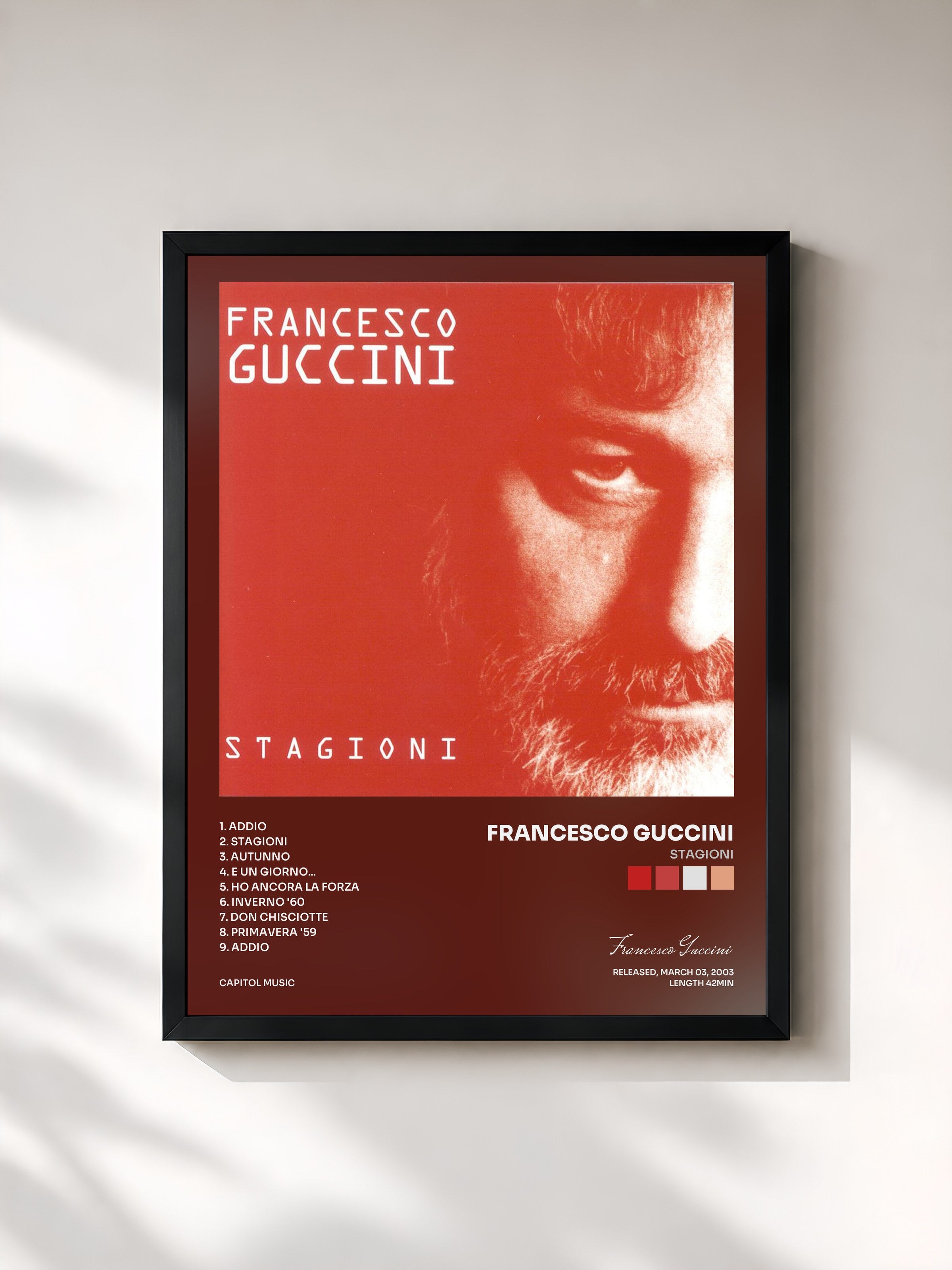 #noir Tableau de l'album Stagioni de Francesco Guccini, cadre noir, imprimé et encadré en France