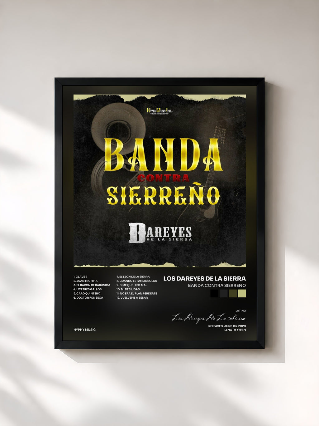 #noir Tableau de l'album Banda Contra Sierreno de Los Dareyes De La Sierra, cadre noir, imprimé et encadré en France