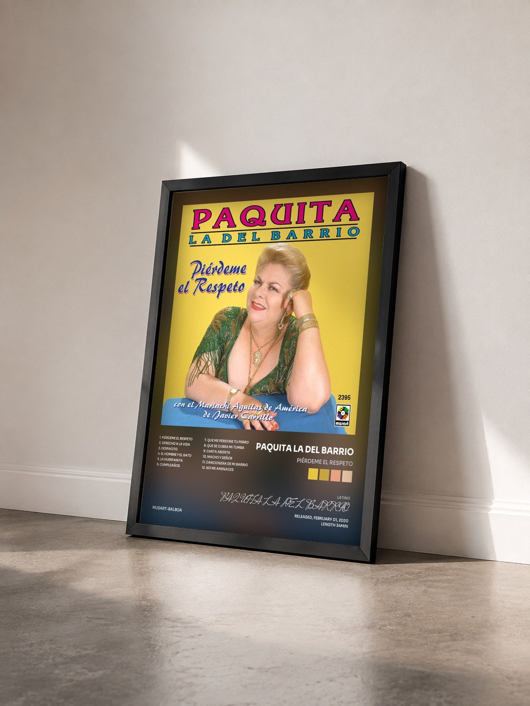 #noir Tableau de l'album Piérdeme el Respeto de PAQUITA LA DEL BARRIO vu de trois quarts, cadre noir