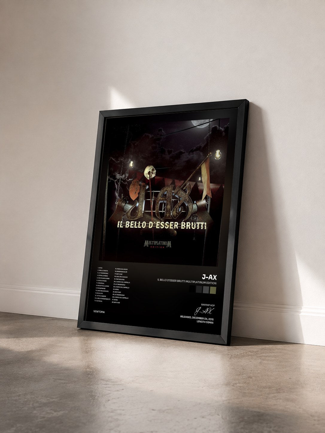 #noir Tableau de l'album Il bello d'esser brutti Multiplatinum Edition de J-AX vu de trois quarts, cadre noir