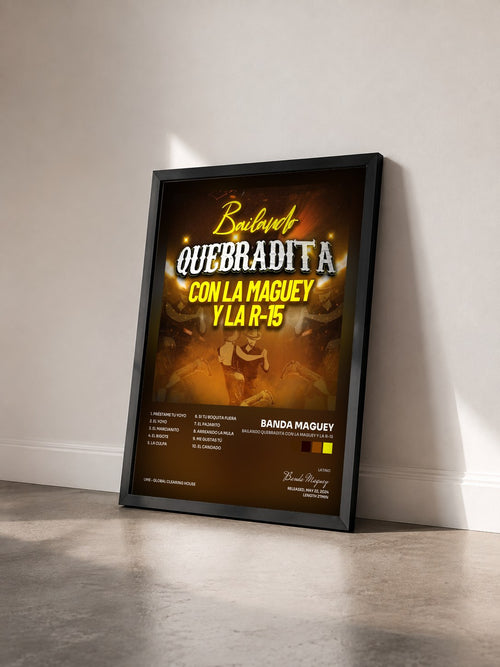 #noir Bailando Quebradita Con La Maguey Y La R-15 by Banda Maguey as a framed art print seen at an angle, black frame