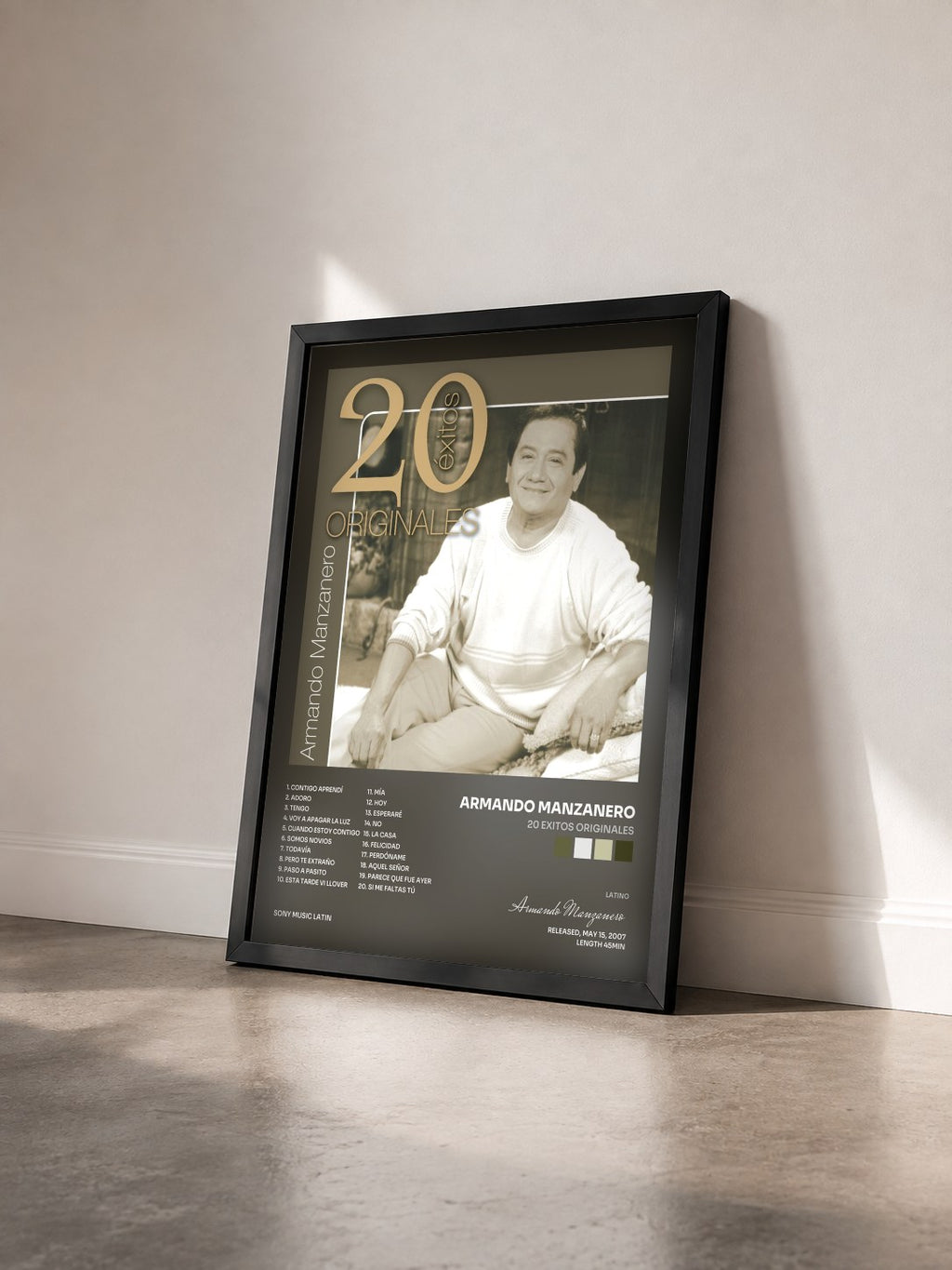 #noir Tableau de l'album 20 Exitos Originales de Armando Manzanero vu de trois quarts, cadre noir
