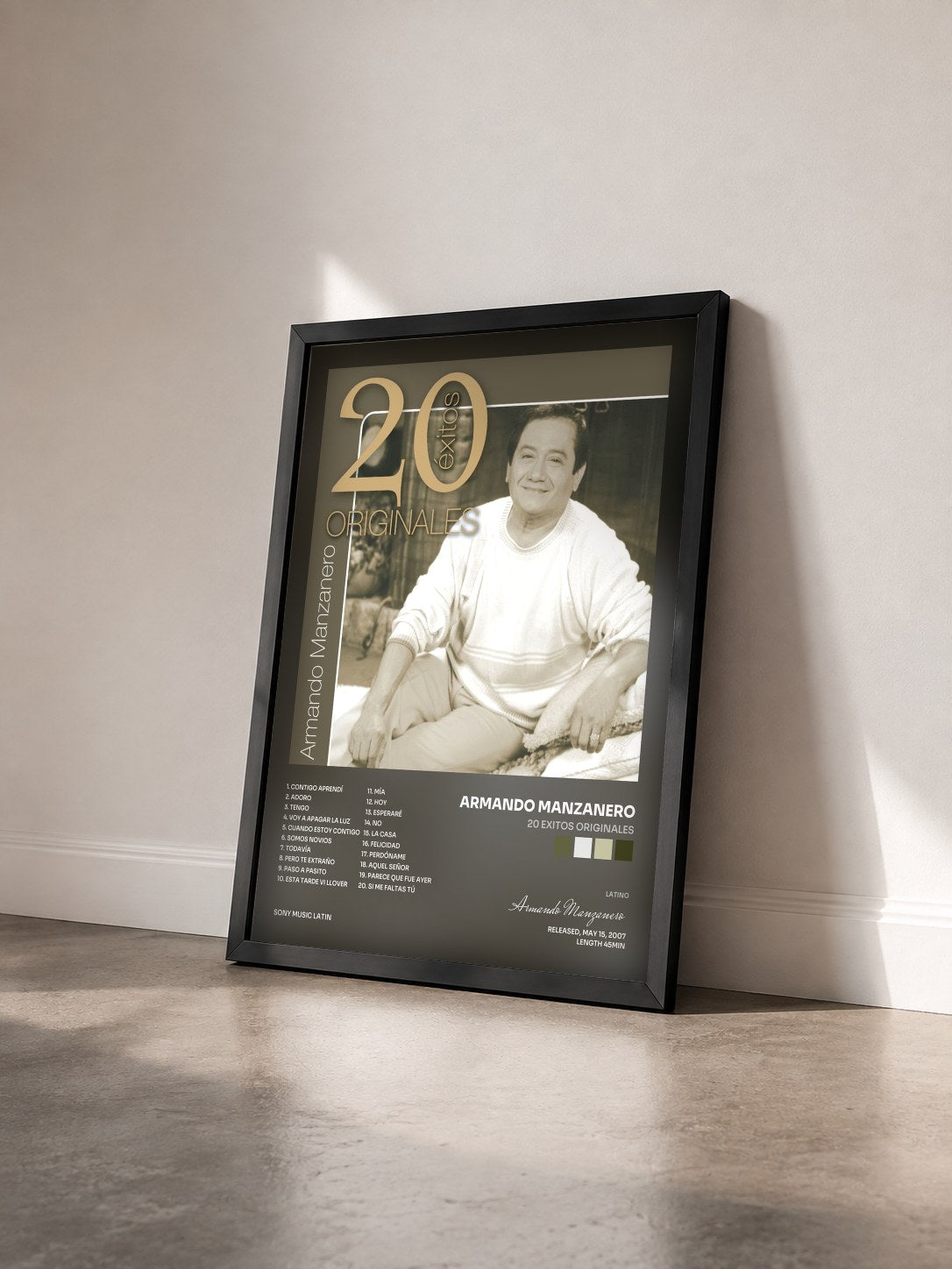 #noir Tableau de l'album 20 Exitos Originales de Armando Manzanero vu de trois quarts, cadre noir