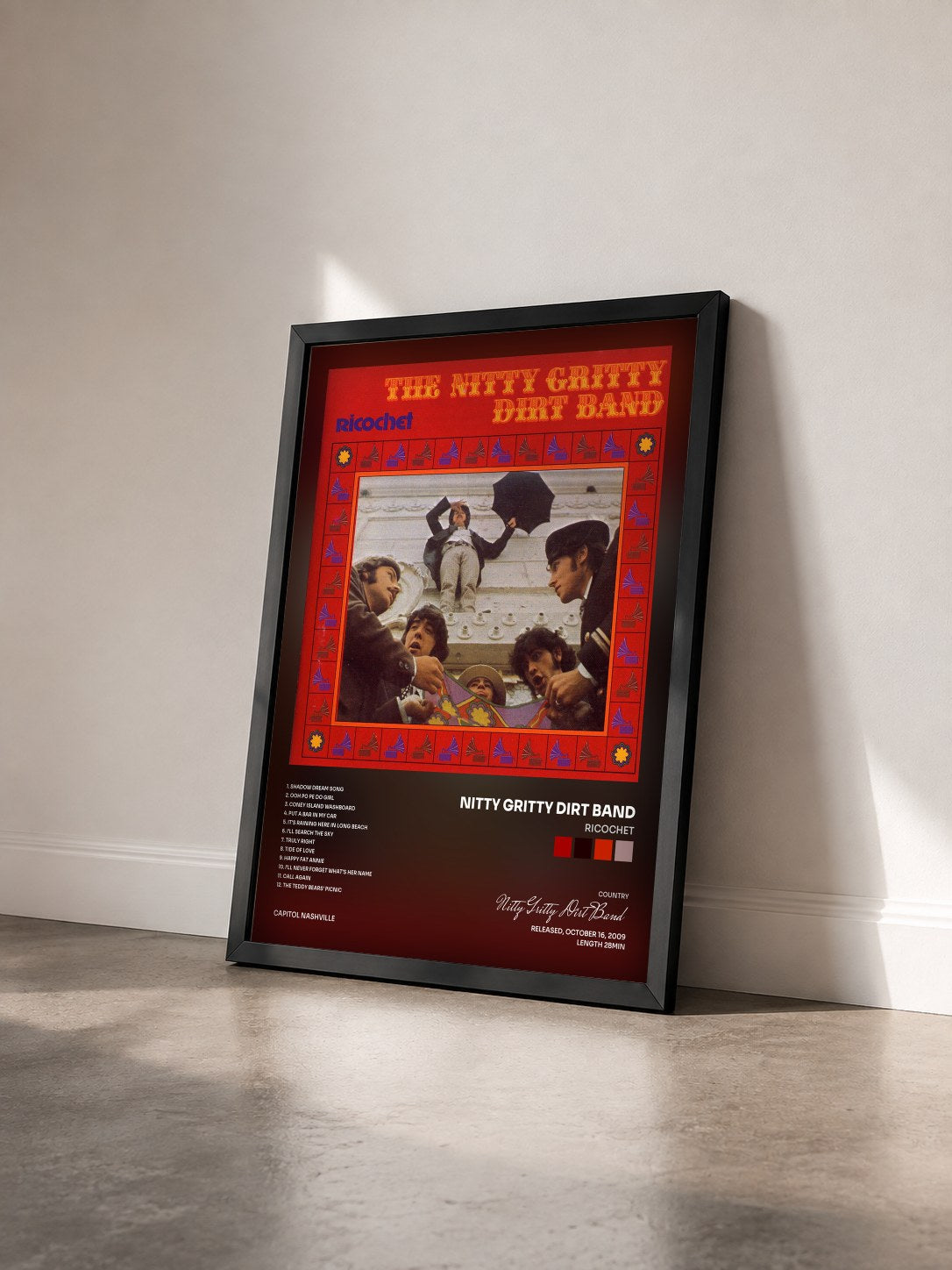 #noir Tableau de l'album Ricochet de Nitty Gritty Dirt Band vu de trois quarts, cadre noir