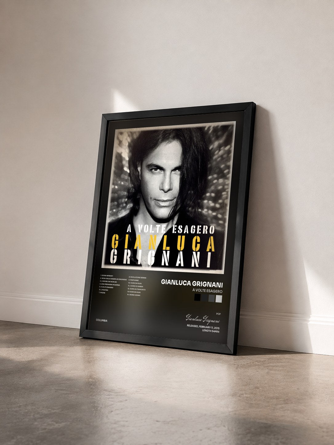 #noir Tableau de l'album A volte esagero de Gianluca Grignani vu de trois quarts, cadre noir