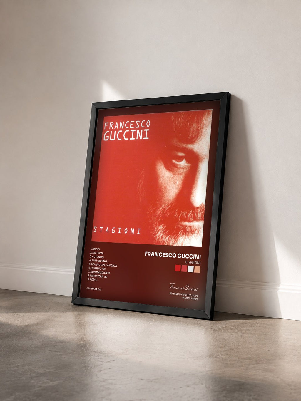 #noir Tableau de l'album Stagioni de Francesco Guccini vu de trois quarts, cadre noir
