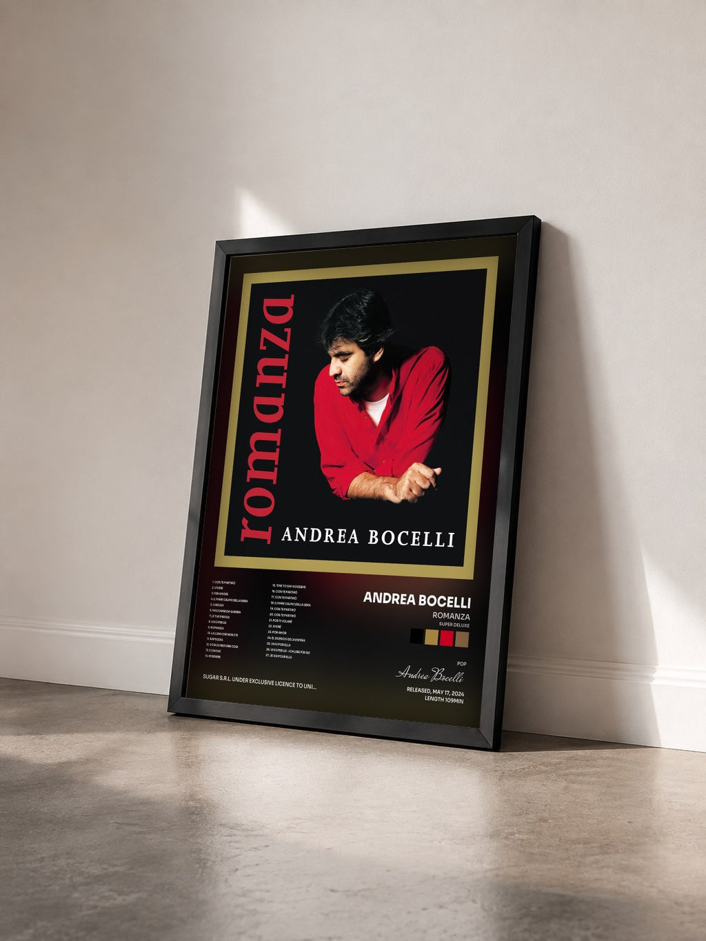 #noir Tableau de l'album Romanza (Super Deluxe) de Andrea Bocelli vu de trois quarts, cadre noir