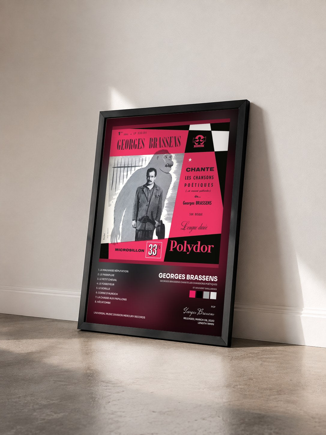 #noir Tableau de l'album Georges Brassens chante les chansons poétiques (et souvent gaillardes) N°1 de Georges Brassens vu de trois quarts, cadre noir