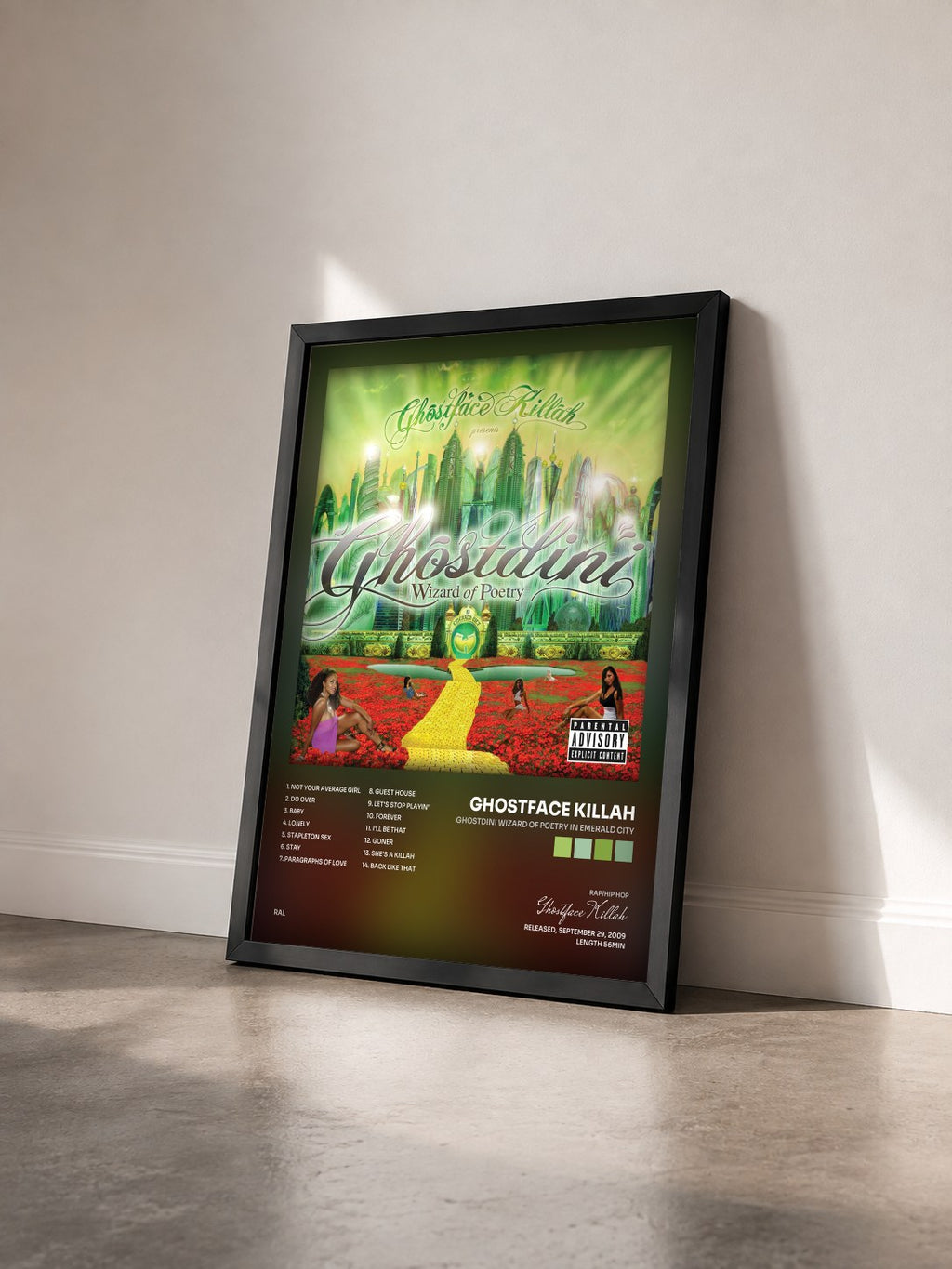 #noir Tableau de l'album Ghostdini Wizard Of Poetry In Emerald City de Ghostface Killah vu de trois quarts, cadre noir
