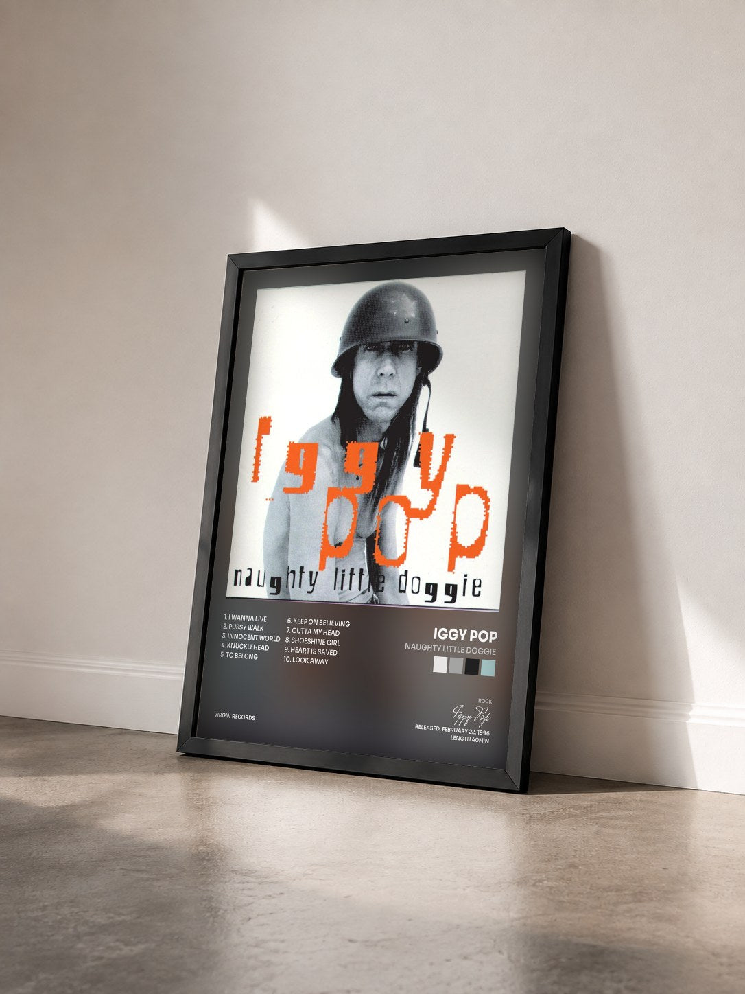#noir Tableau de l'album Naughty Little Doggie de Iggy Pop vu de trois quarts, cadre noir