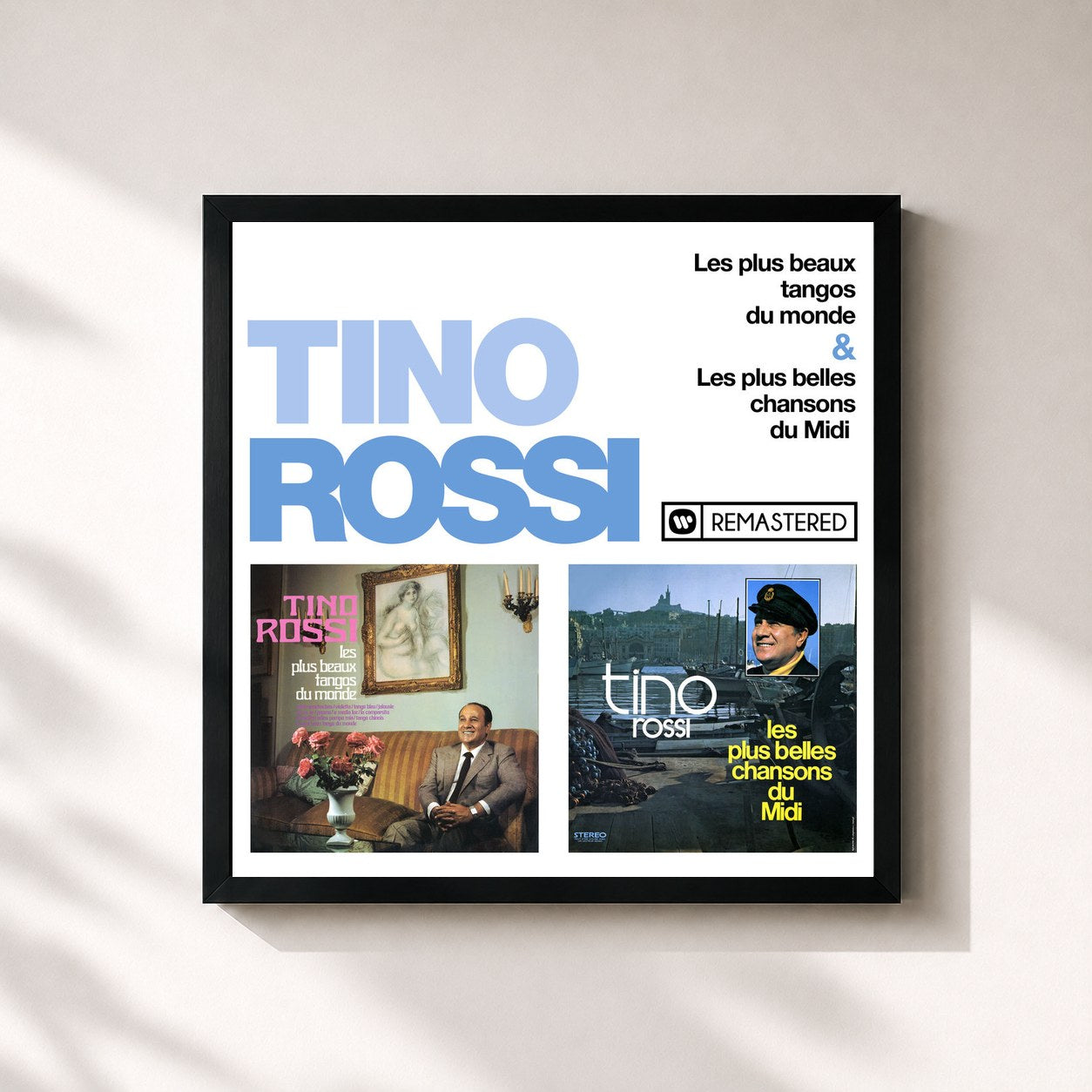 #noir Tableau carré de l'album Les plus beaux tangos du monde / Les plus belles chansons du Midi (Remasterisé en 2018) de Tino Rossi, cadre noir 32x32 cm