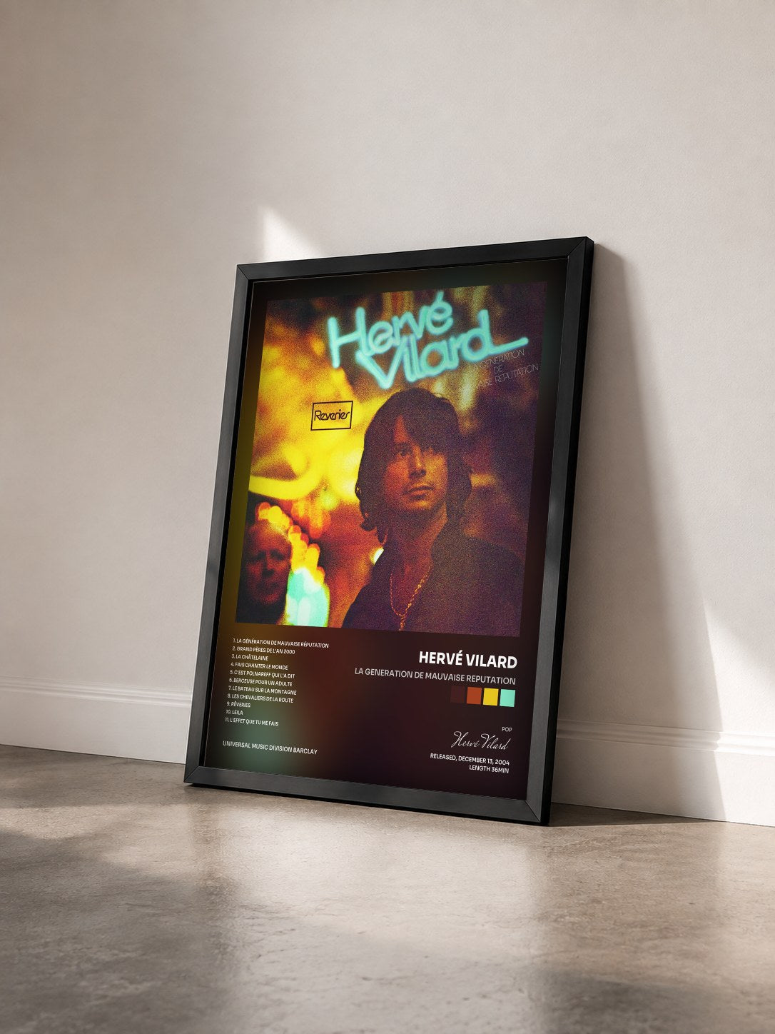 #noir La Generation De Mauvaise Reputation by Hervé Vilard as a framed art print seen at an angle, black frame
