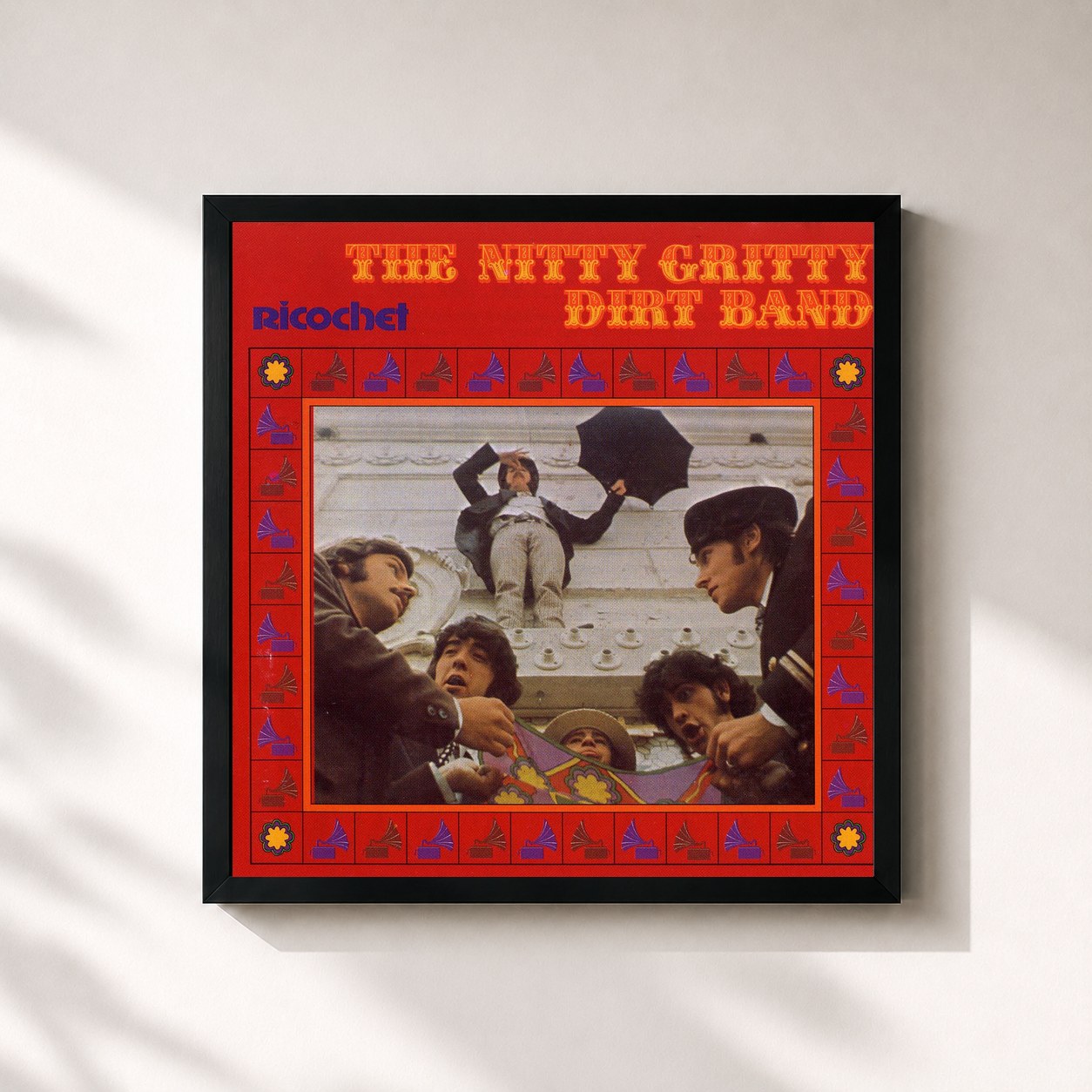 #noir Tableau carré de l'album Ricochet de Nitty Gritty Dirt Band, cadre noir 32x32 cm