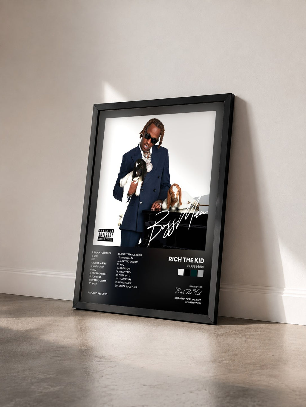 #noir BOSS MAN by Rich The Kid as a framed art print seen at an angle, black frame