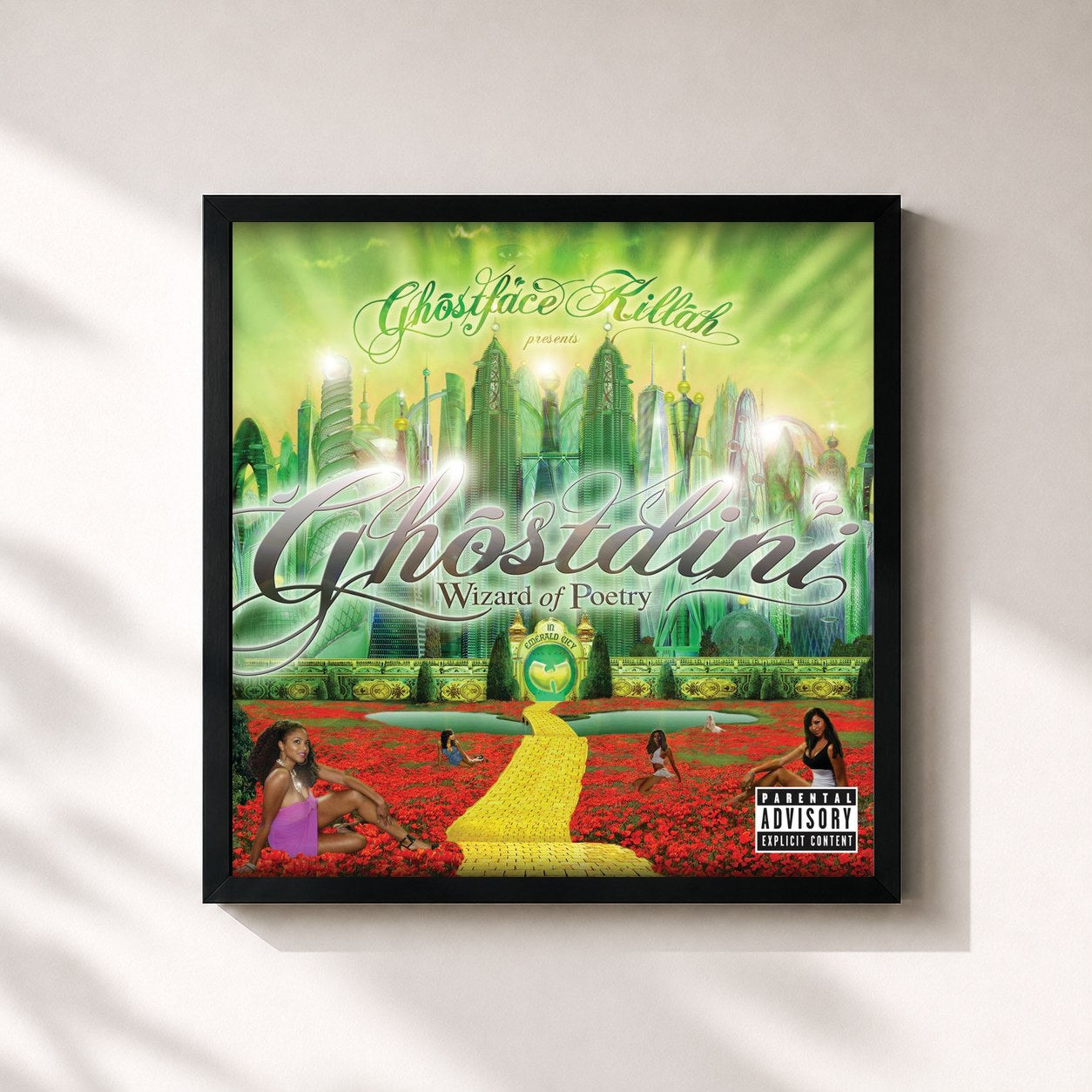#noir Tableau carré de l'album Ghostdini Wizard Of Poetry In Emerald City de Ghostface Killah, cadre noir 32x32 cm