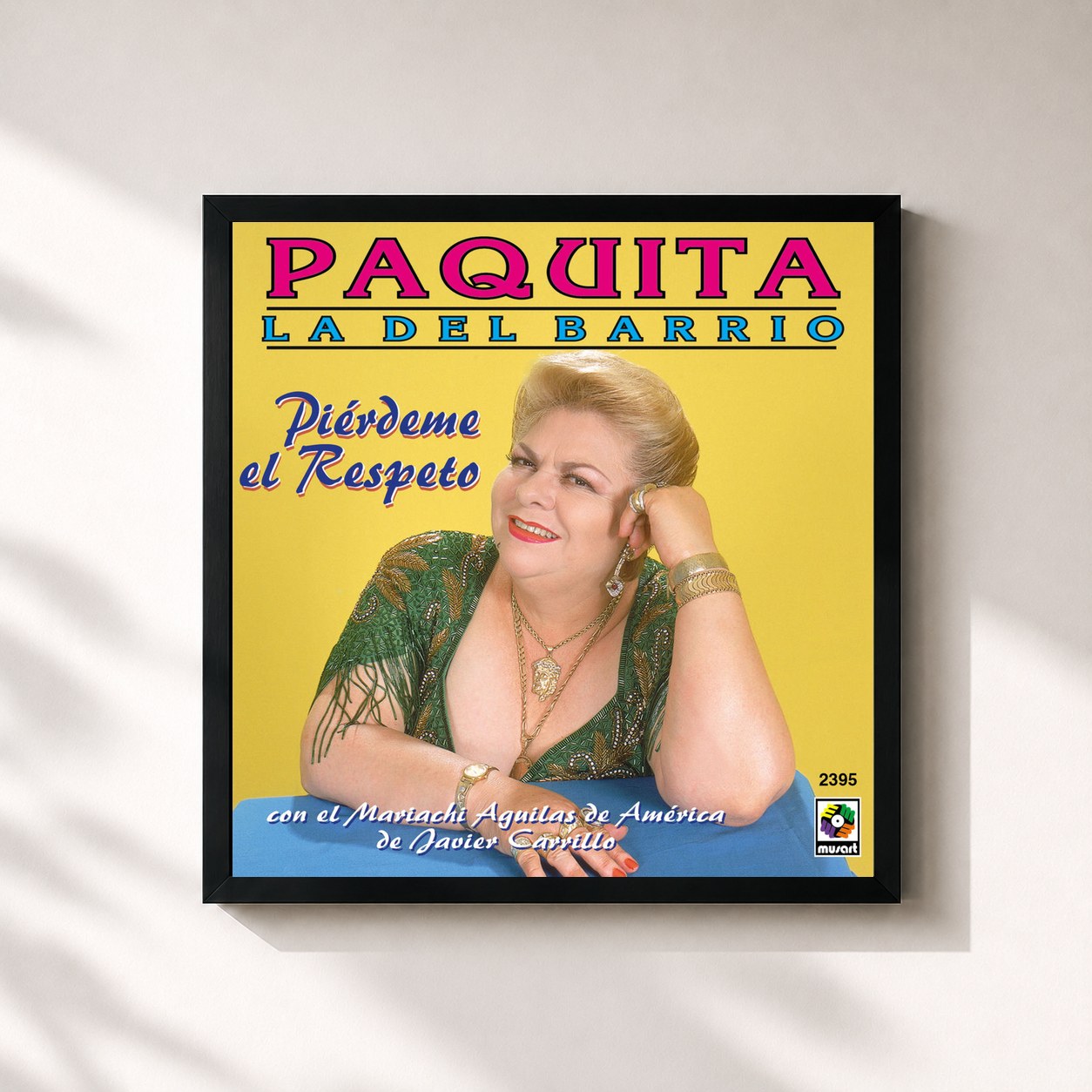 #noir Tableau carré de l'album Piérdeme el Respeto de PAQUITA LA DEL BARRIO, cadre noir 32x32 cm