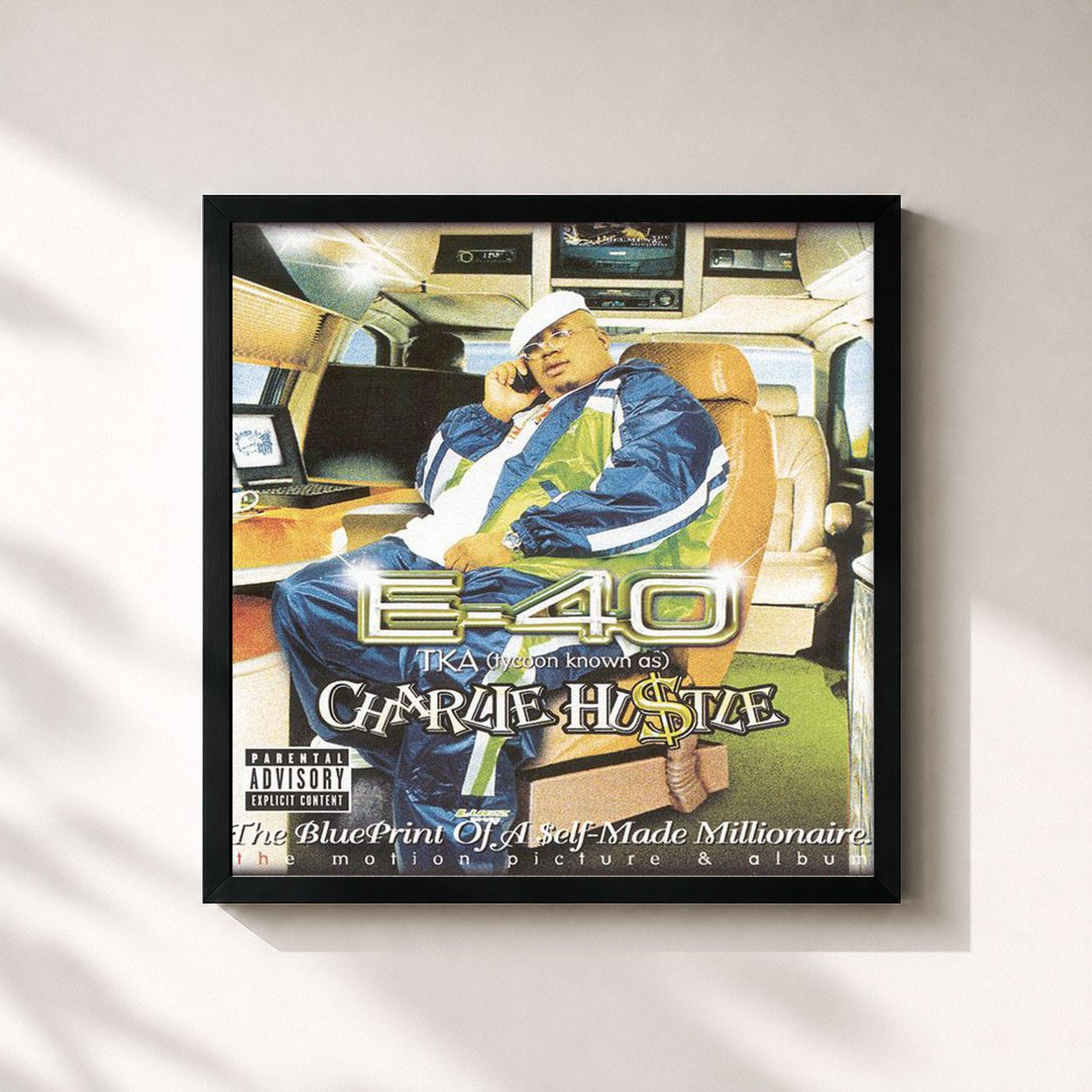 #noir Tableau carré de l'album Charlie Hustle: The Blueprint of a Self-Made Millionaire de E-40, cadre noir 32x32 cm
