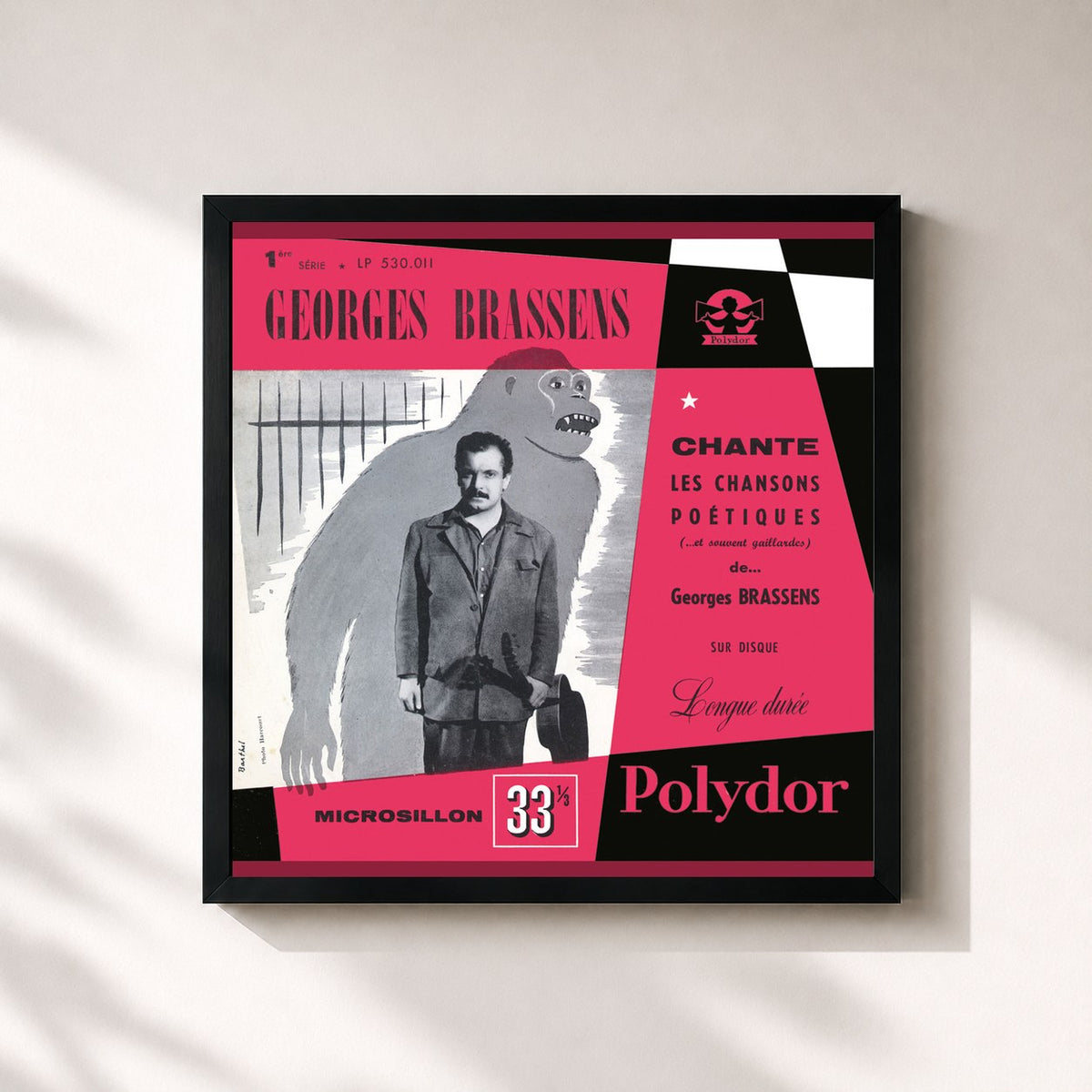 #noir Tableau carré de l'album Georges Brassens chante les chansons poétiques (et souvent gaillardes) N°1 de Georges Brassens, cadre noir 32x32 cm
