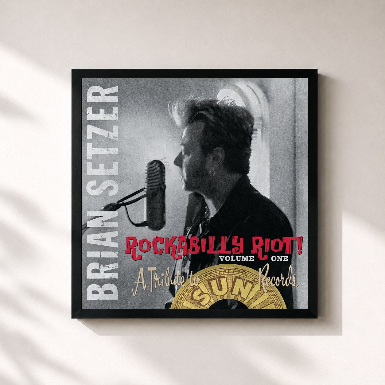 #noir Tableau carré de l'album Rockabilly Riot, Vol. 1 - A Tribute to Sun Records de Brian Setzer, cadre noir 32x32 cm