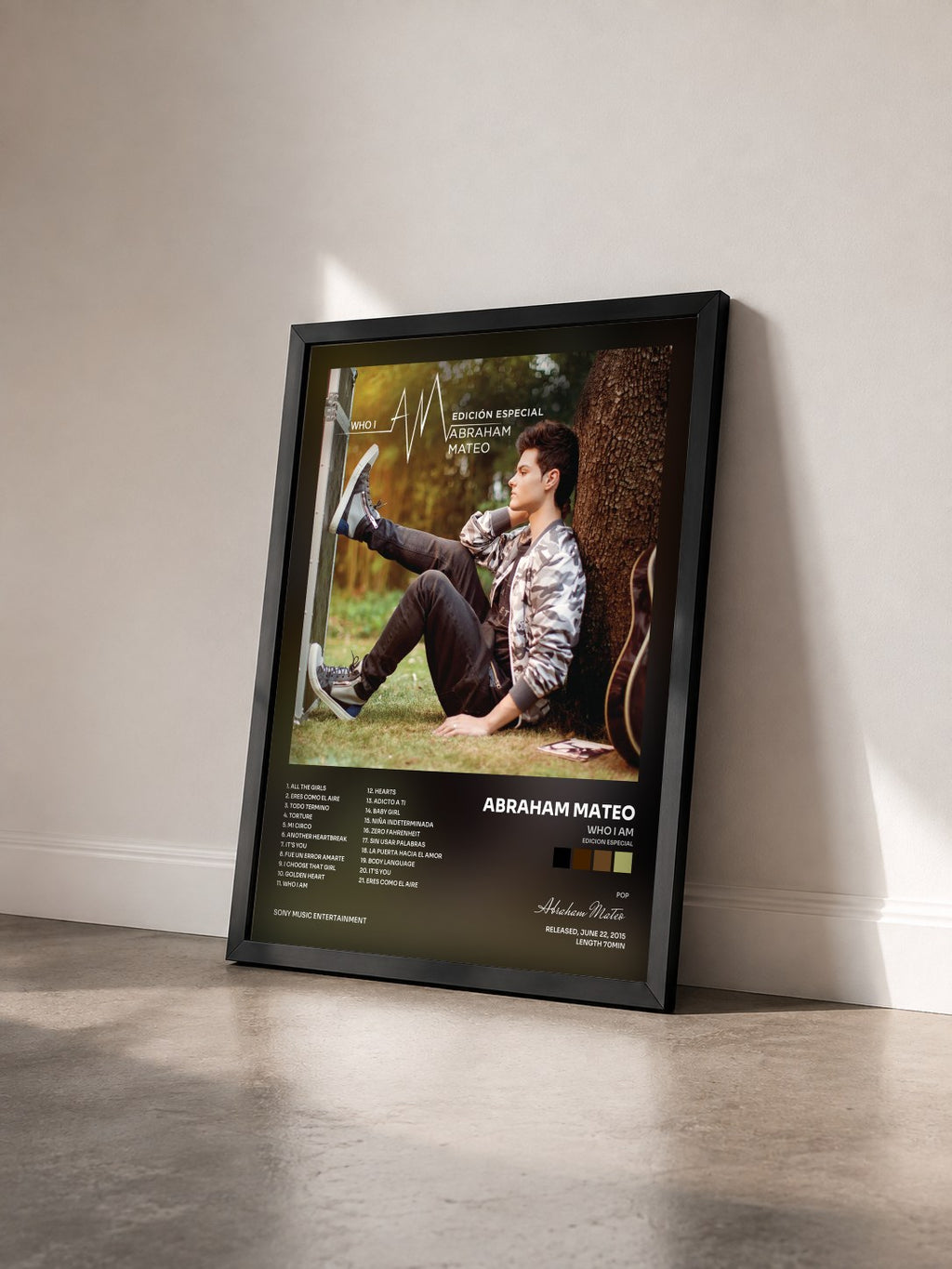 #noir Tableau de l'album Who I AM (Edicion Especial) de Abraham Mateo vu de trois quarts, cadre noir