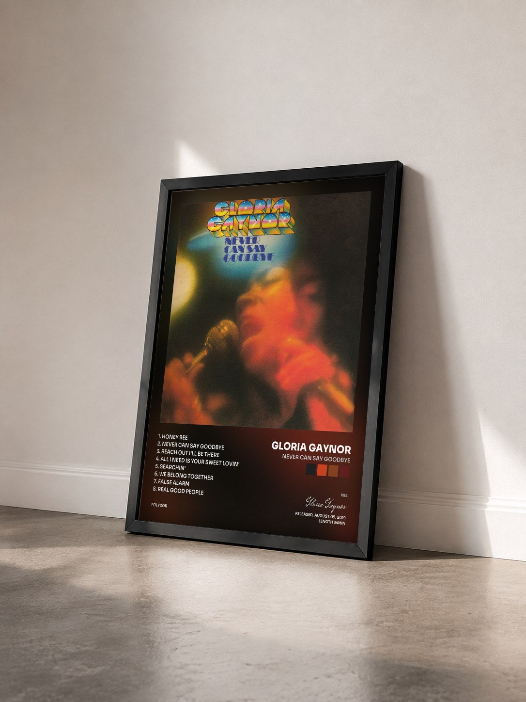 #noir Tableau de l'album Never Can Say Goodbye de Gloria Gaynor vu de trois quarts, cadre noir