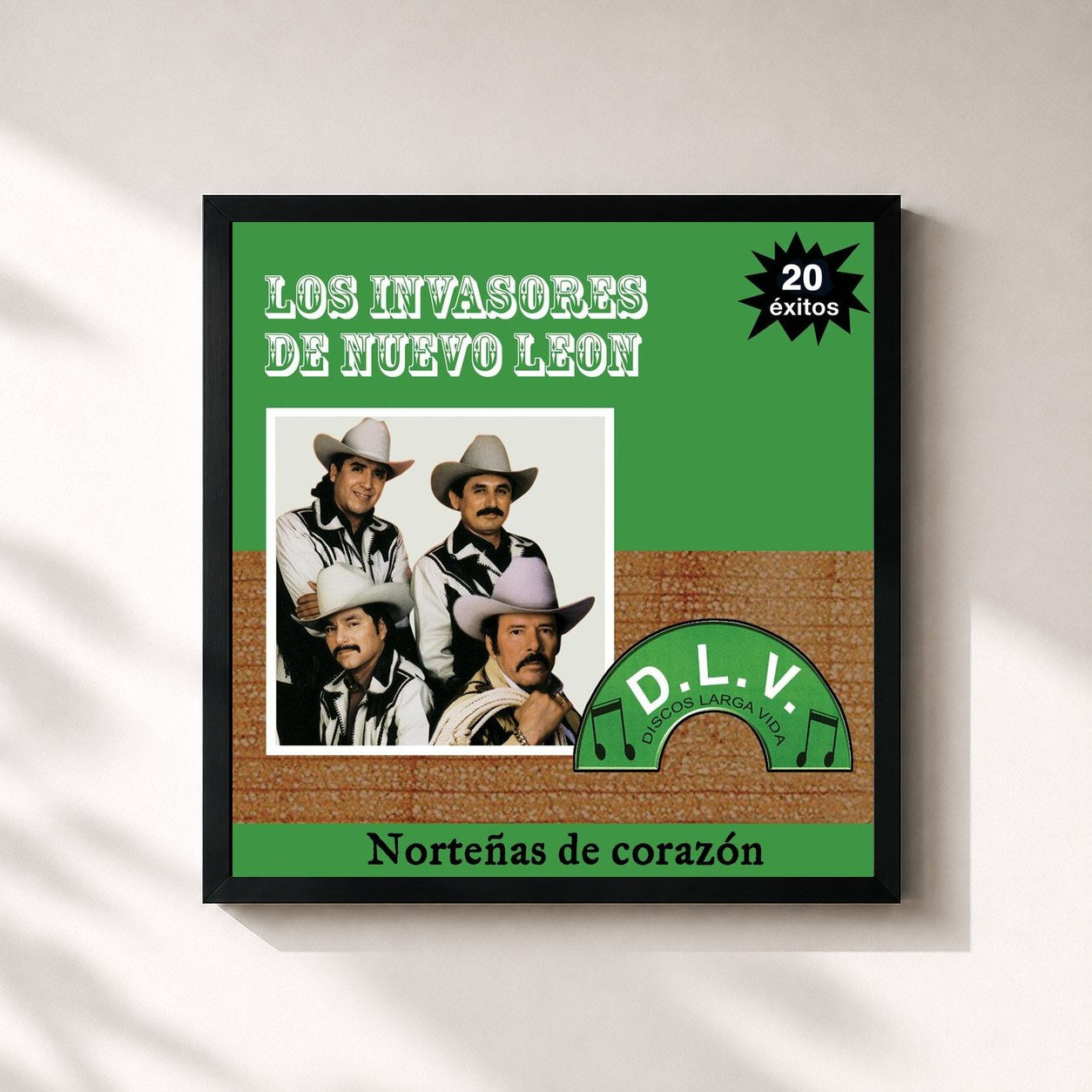 #noir Tableau carré de l'album Norteñas De Corazón 20 Exitos de Los Invasores De Nuevo León, cadre noir 32x32 cm