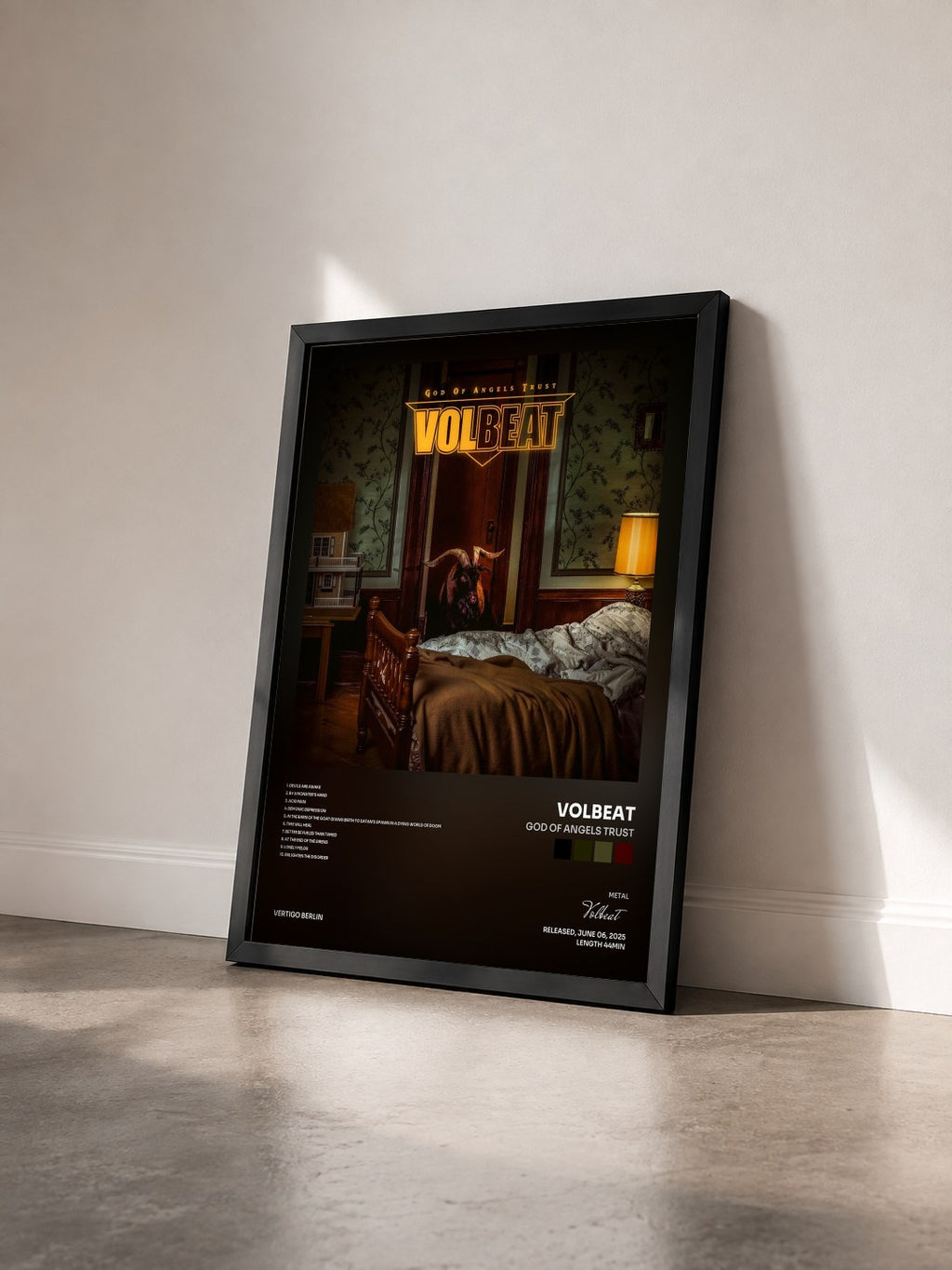 #noir Tableau de l'album God Of Angels Trust de Volbeat vu de trois quarts, cadre noir