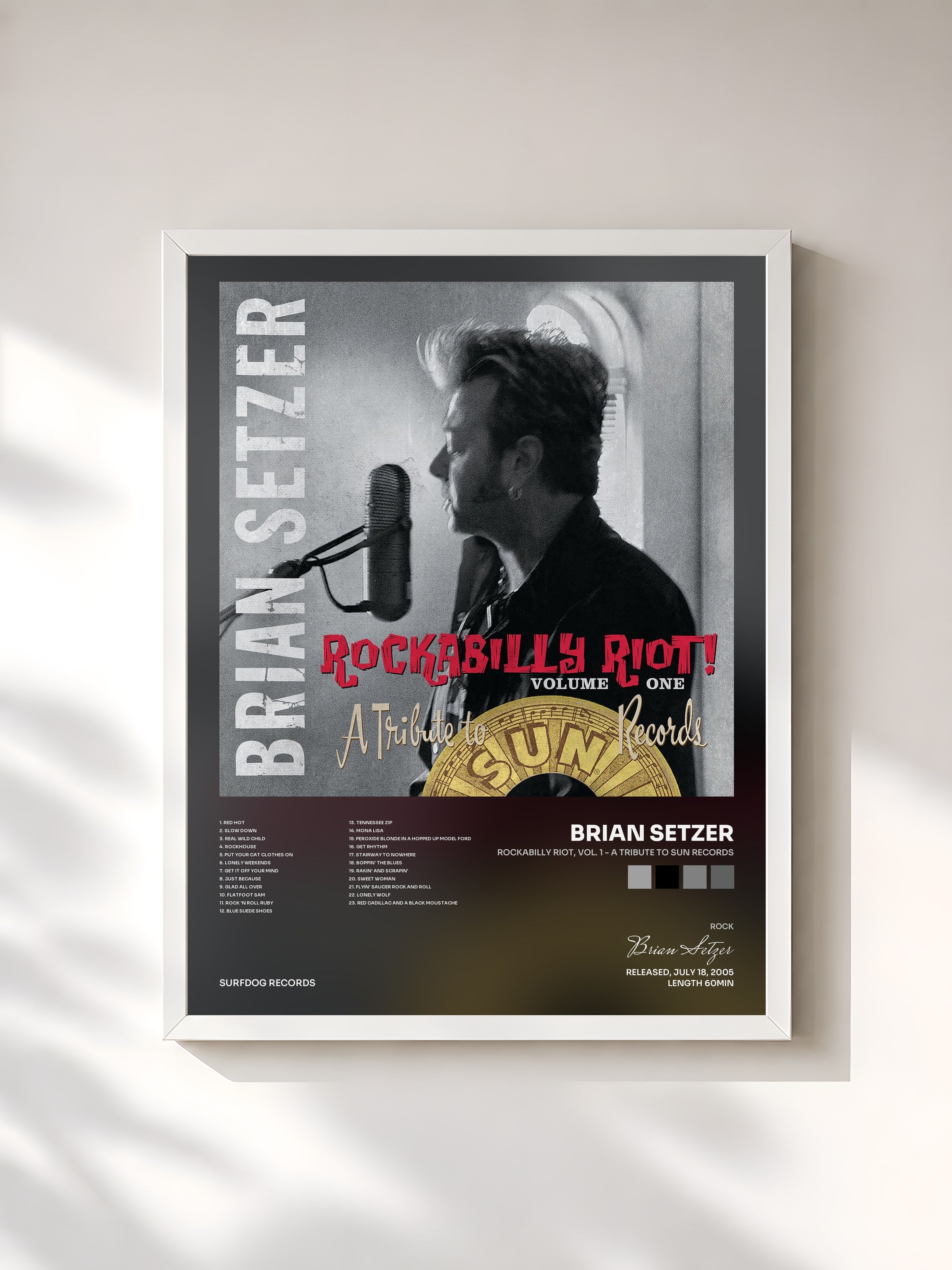 #blanc Tableau de l'album Rockabilly Riot, Vol. 1 - A Tribute to Sun Records de Brian Setzer, cadre blanc, imprimé et encadré en France