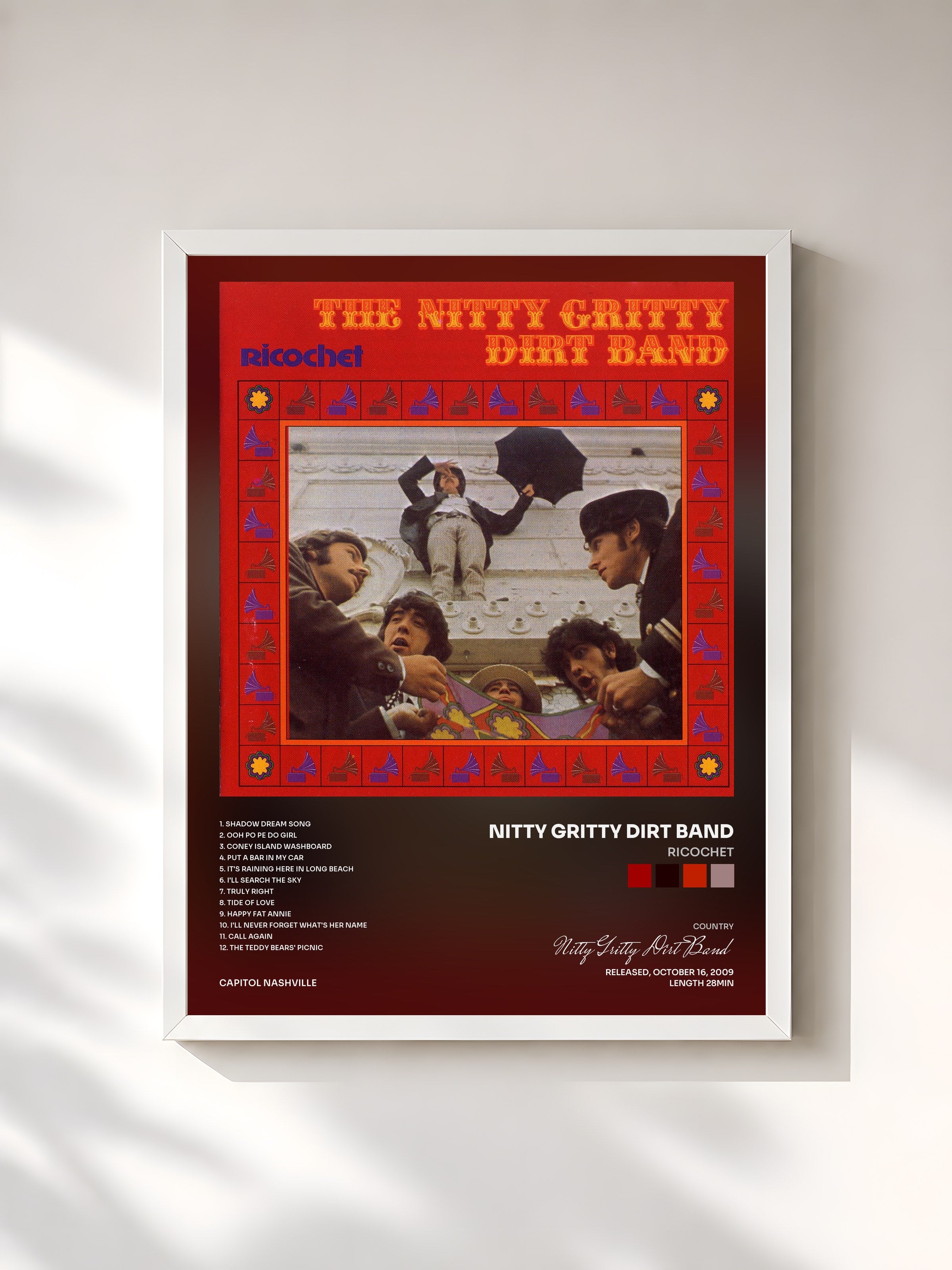 #blanc Tableau de l'album Ricochet de Nitty Gritty Dirt Band, cadre blanc, imprimé et encadré en France