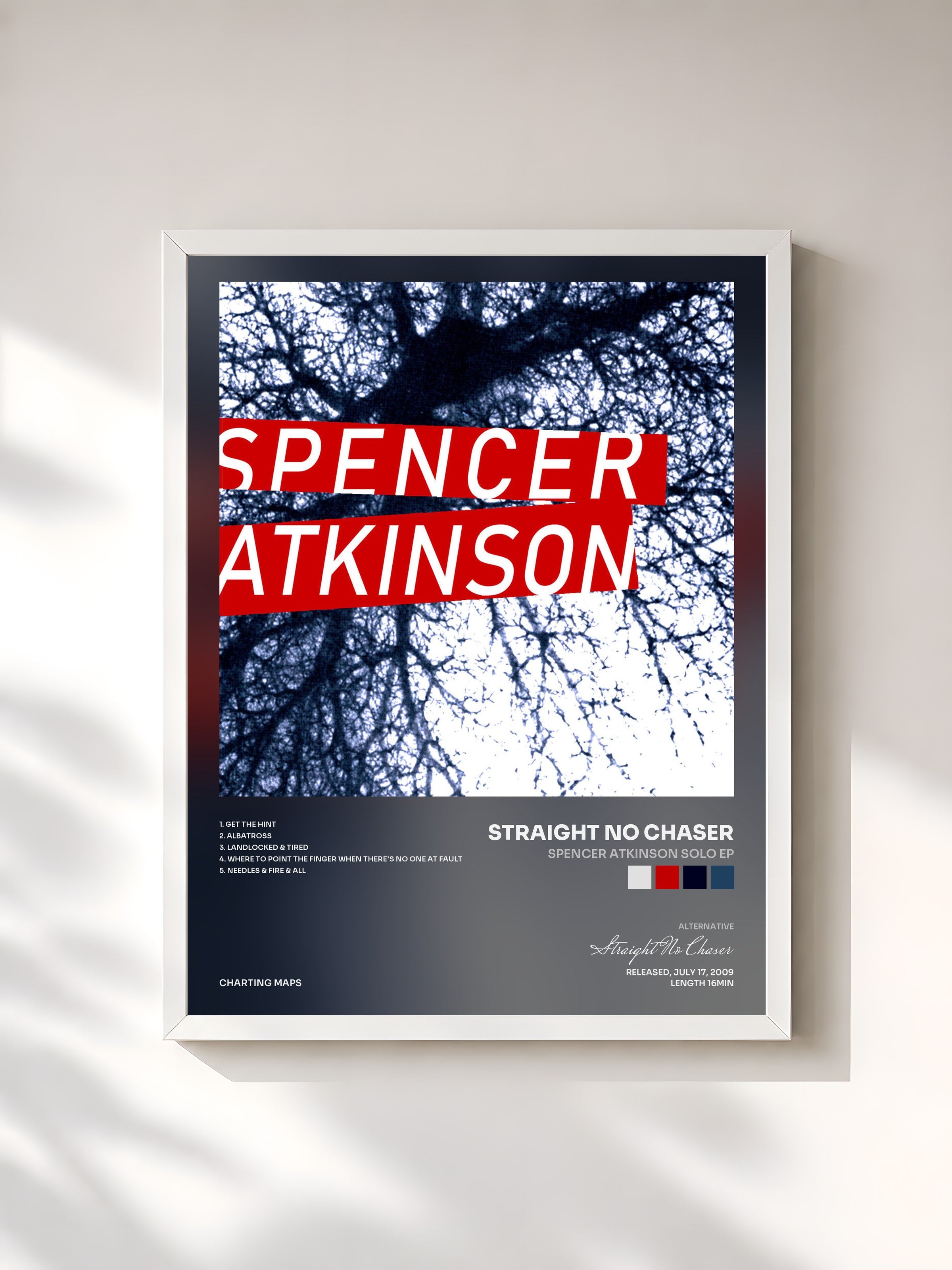 #blanc Tableau de l'album Spencer Atkinson Solo EP de Straight No Chaser, cadre blanc, imprimé et encadré en France