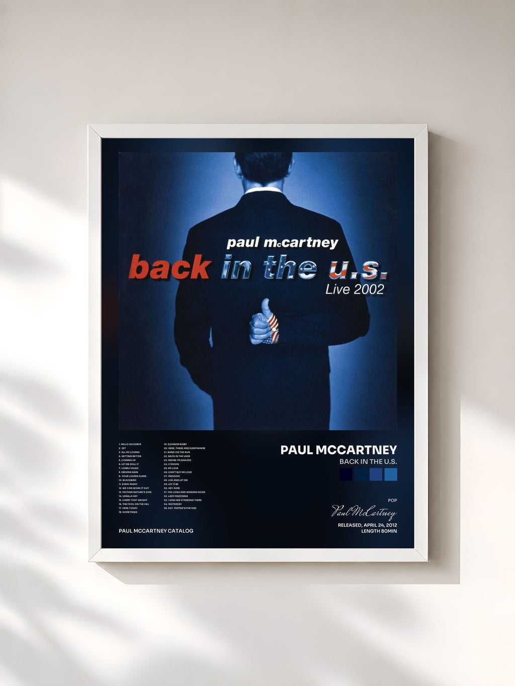 #blanc Tableau de l'album Back In The U.S. de Paul McCartney, cadre blanc, imprimé et encadré en France