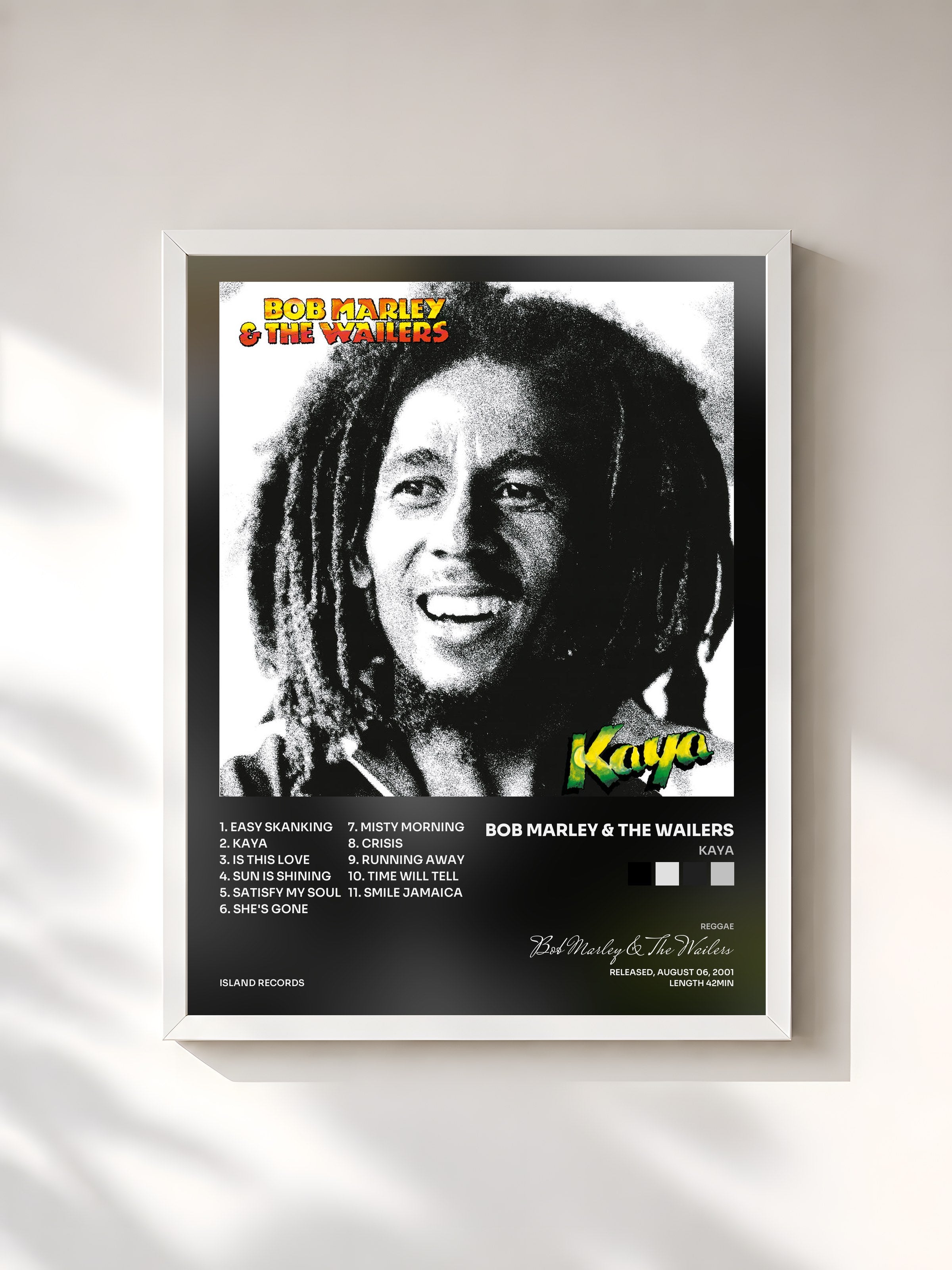 #blanc Kaya by Bob Marley & The Wailers as a framed art print, white frame, printed and framed in France