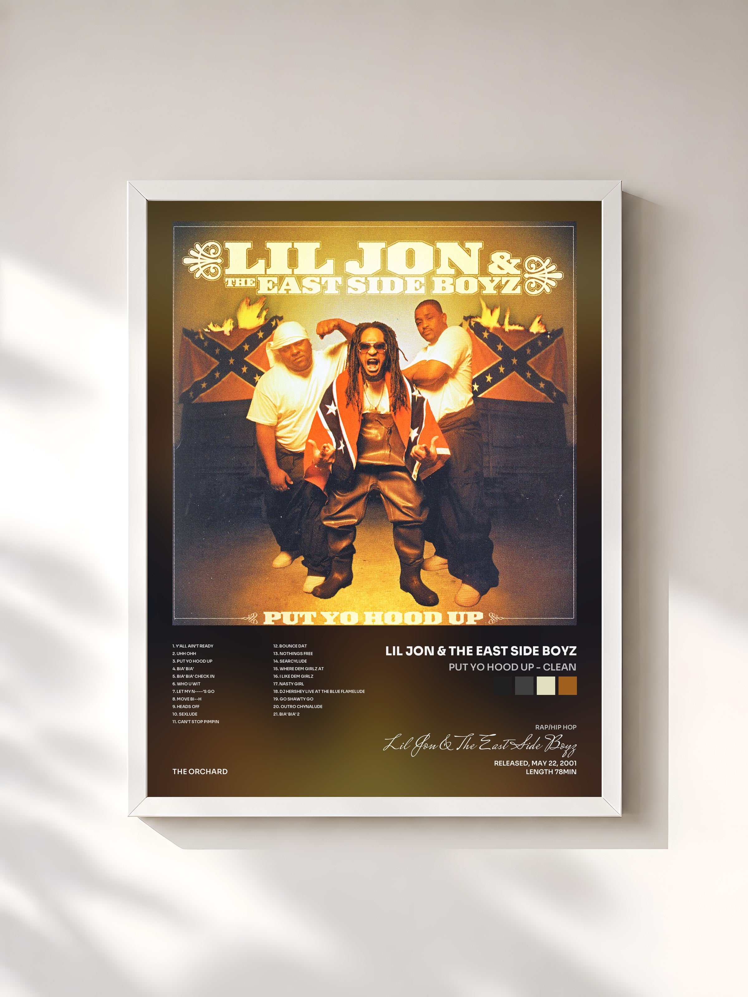 #blanc Tableau de l'album Put Yo Hood Up - Clean de Lil Jon & The East Side Boyz, cadre blanc, imprimé et encadré en France