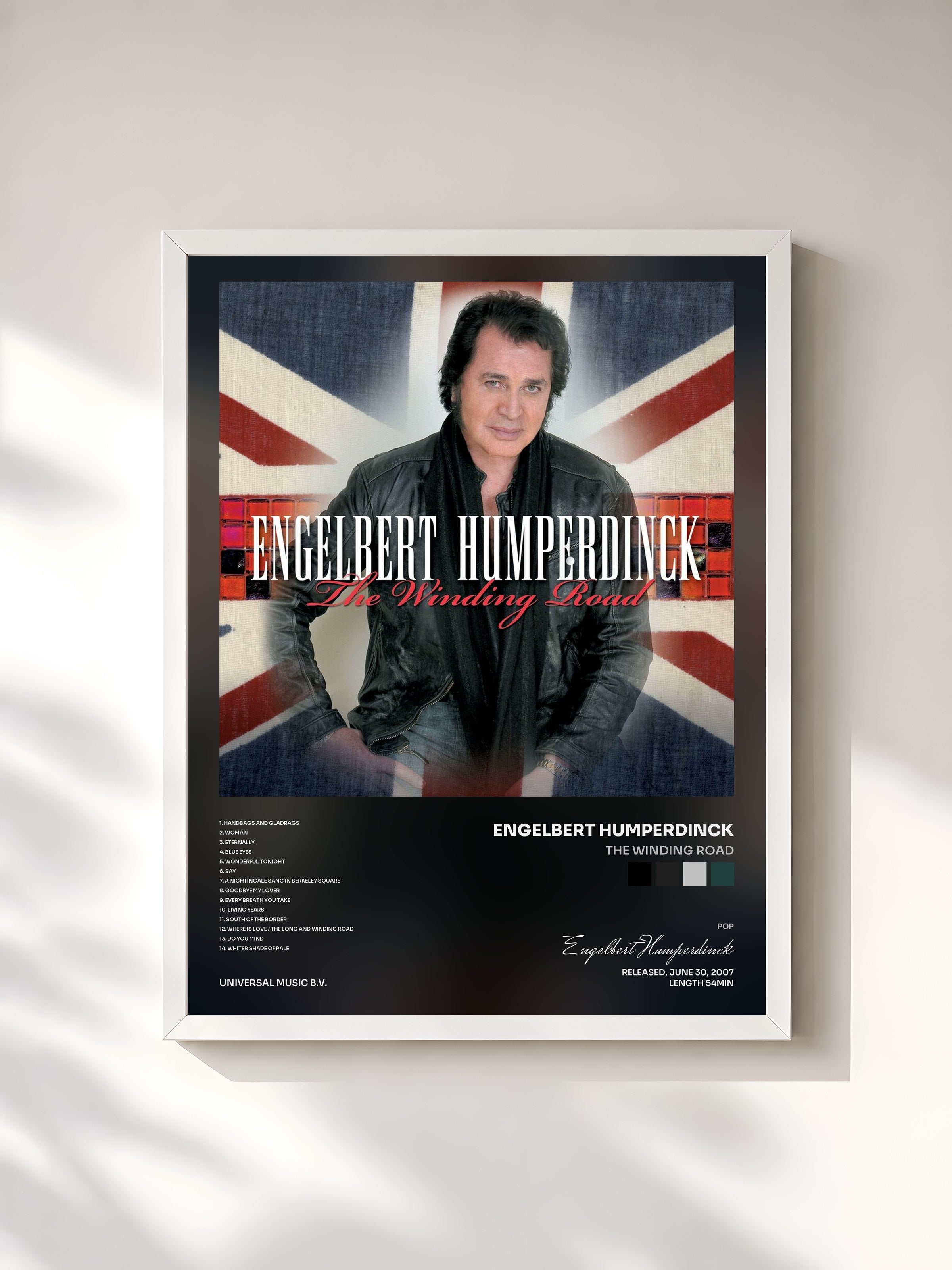 #blanc Tableau de l'album The Winding Road de Engelbert Humperdinck, cadre blanc, imprimé et encadré en France