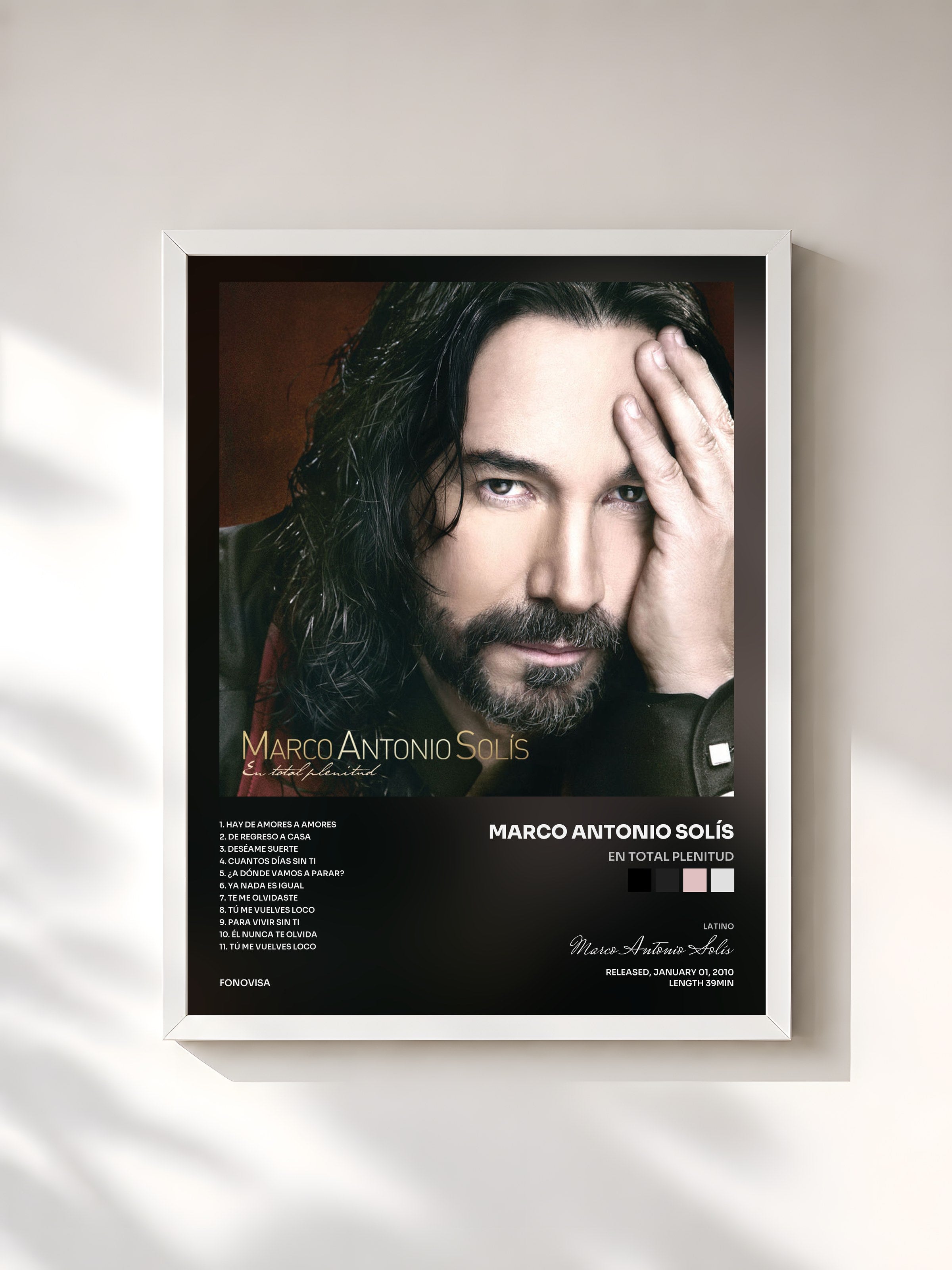 #blanc Tableau de l'album En Total Plenitud de Marco Antonio Solís, cadre blanc, imprimé et encadré en France