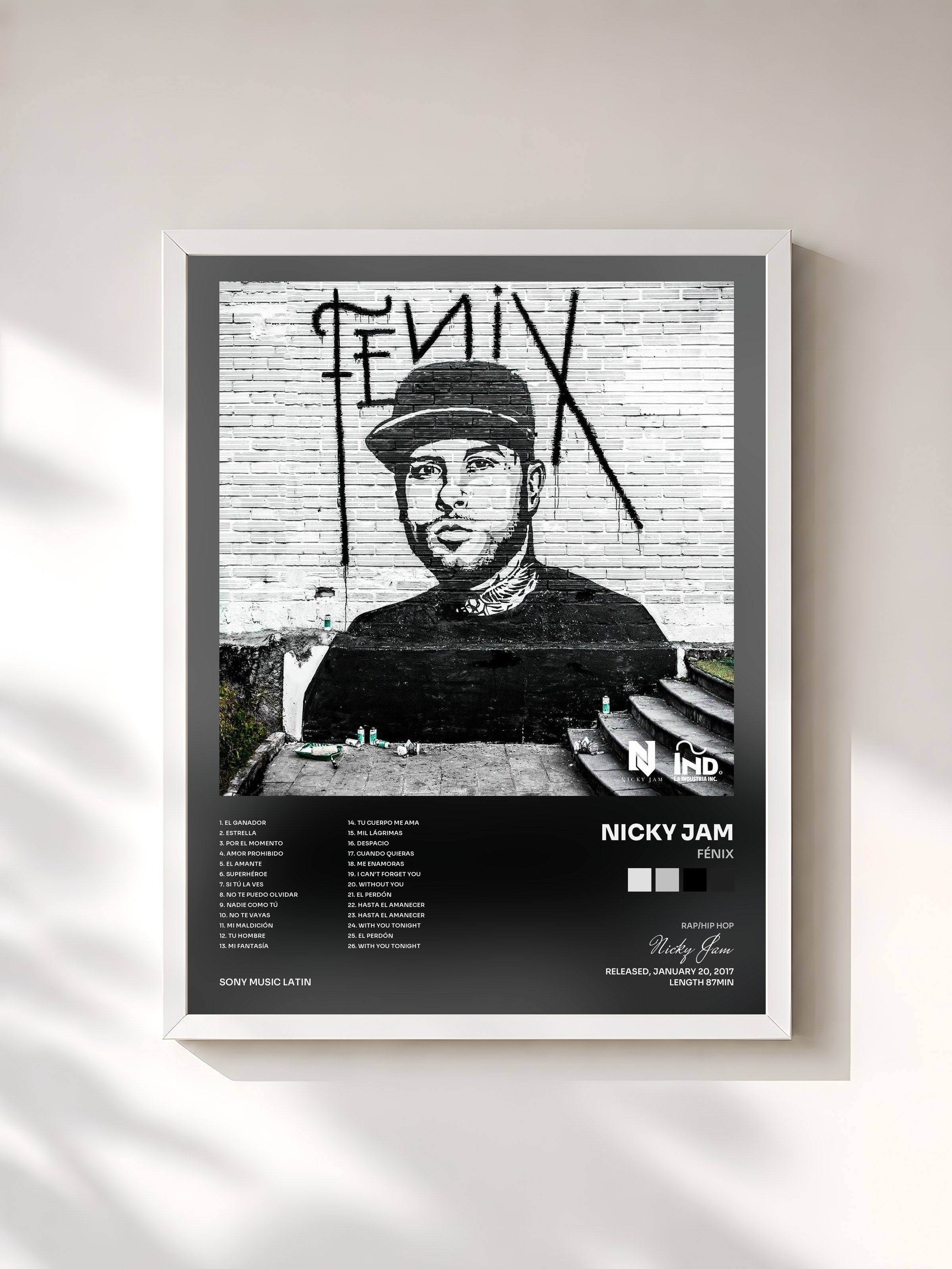 #blanc Tableau de l'album Fénix de Nicky Jam, cadre blanc, imprimé et encadré en France